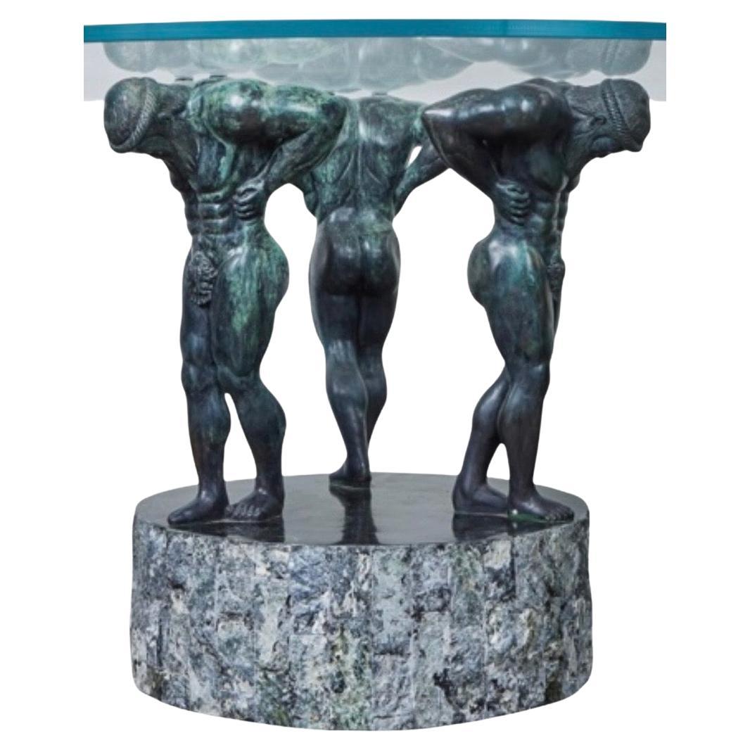 Bronze Neoclassical Table Base with Glass Table Top