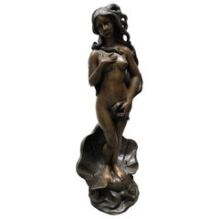 Bronze Nude Female Fountain, French Rococo Conch Shell Statue, 20th Century