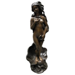 Bronze Nude Female Fountain, French Rococo Conch Shell Statue, 20th Century