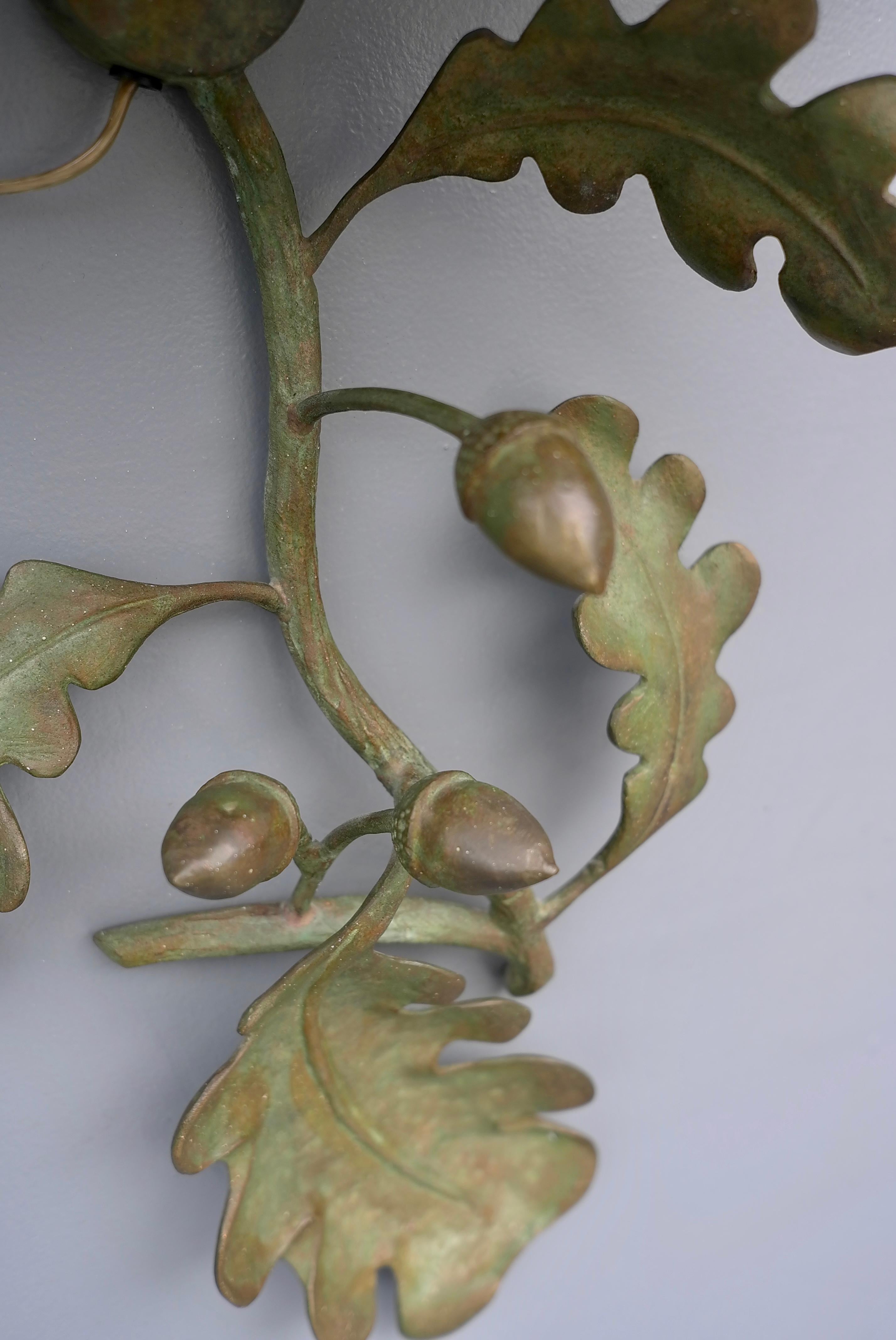 Bronze oak leaf and acorn wall sconce with green silk shade, France 1960's.