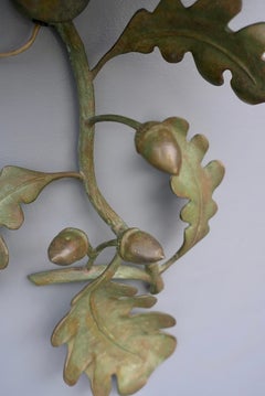 Bronze Oak Leaf and Acorn Wall Sconce with Green Silk Shade, France 1960's