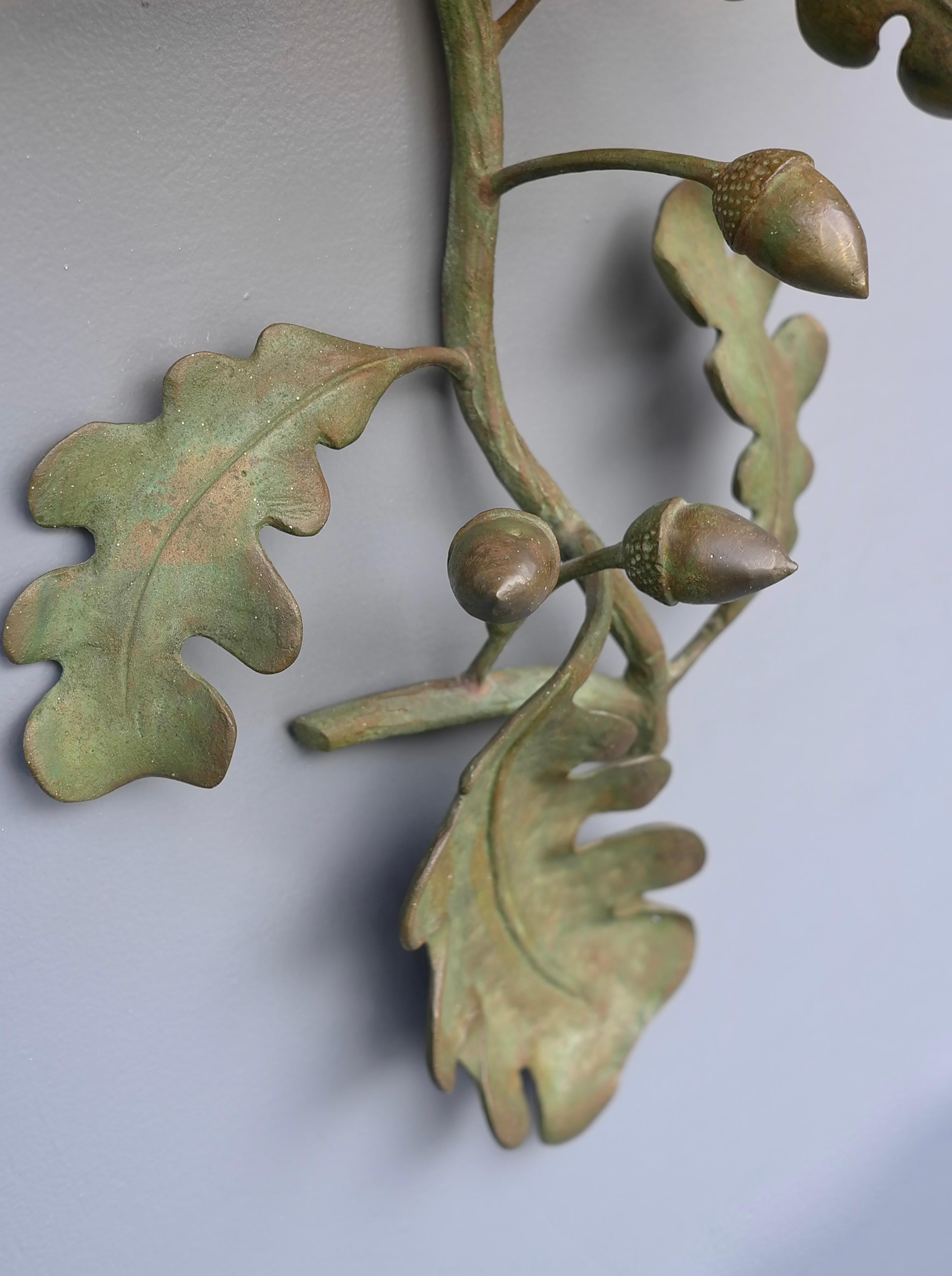 French Bronze Oak Leaf and Acorn Wall Sconce with Green Silk Shade, France 1960's