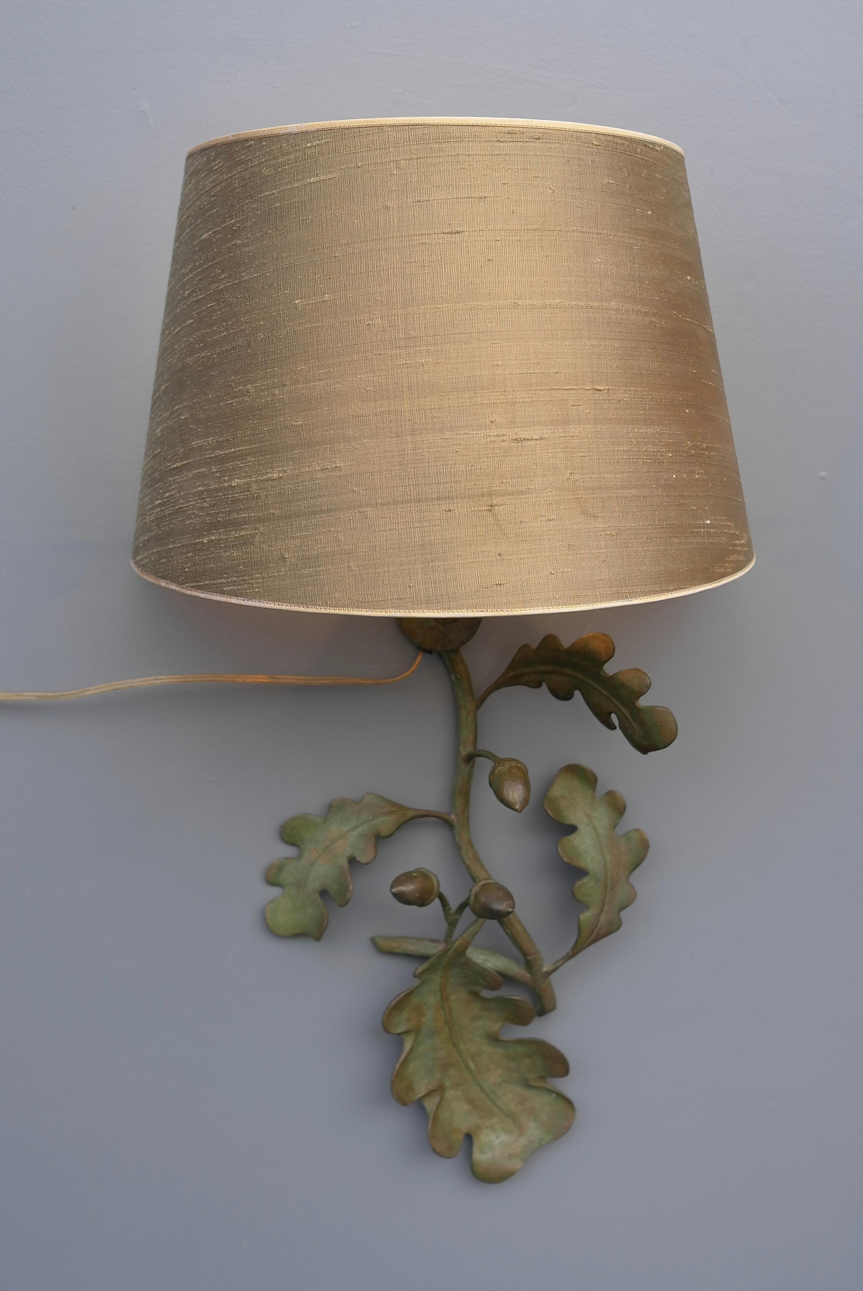 Bronze Oak Leaf and Acorn Wall Sconce with Green Silk Shade, France 1960's In Good Condition In Den Haag, NL