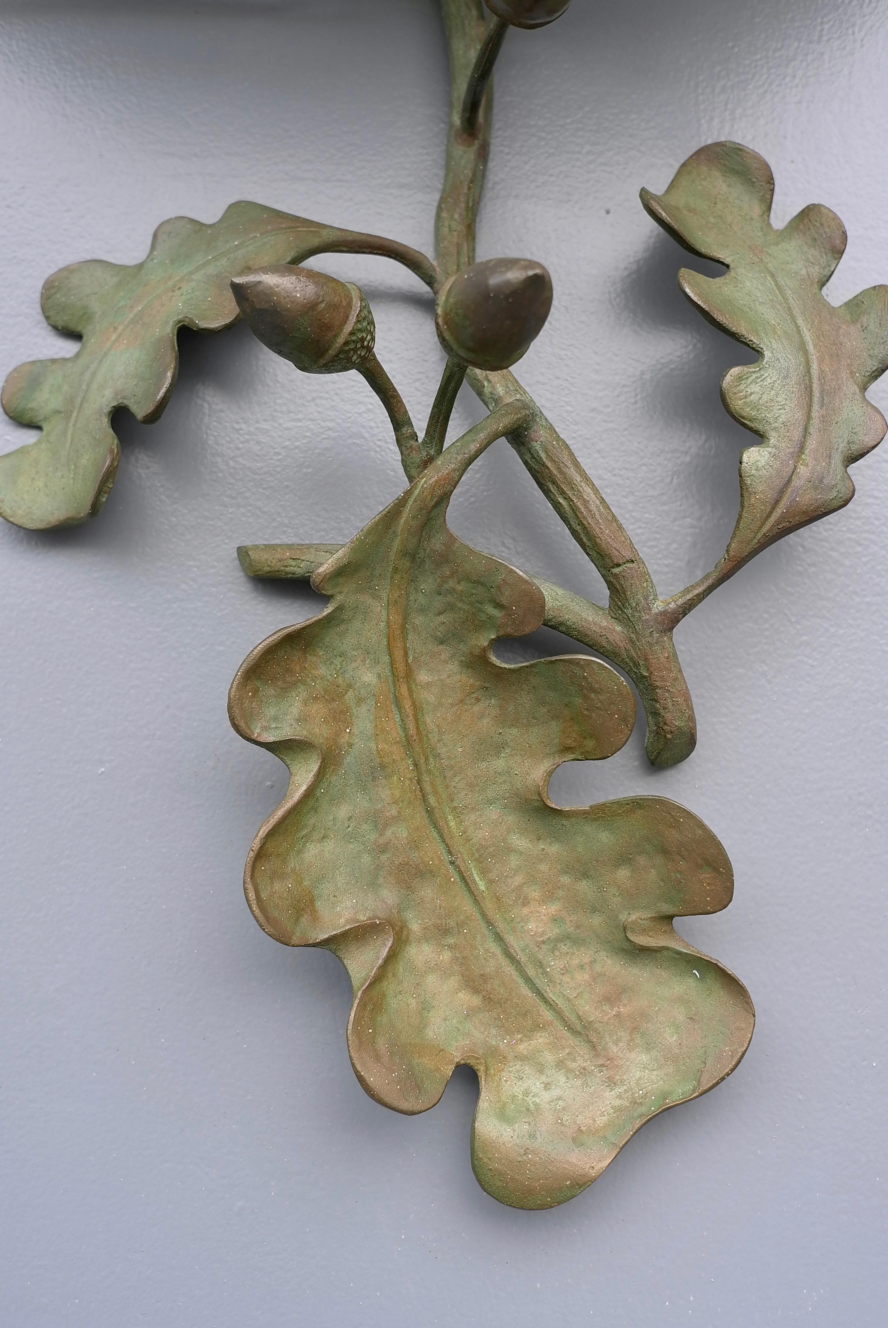 Mid-20th Century Bronze Oak Leaf and Acorn Wall Sconce with Green Silk Shade, France 1960's
