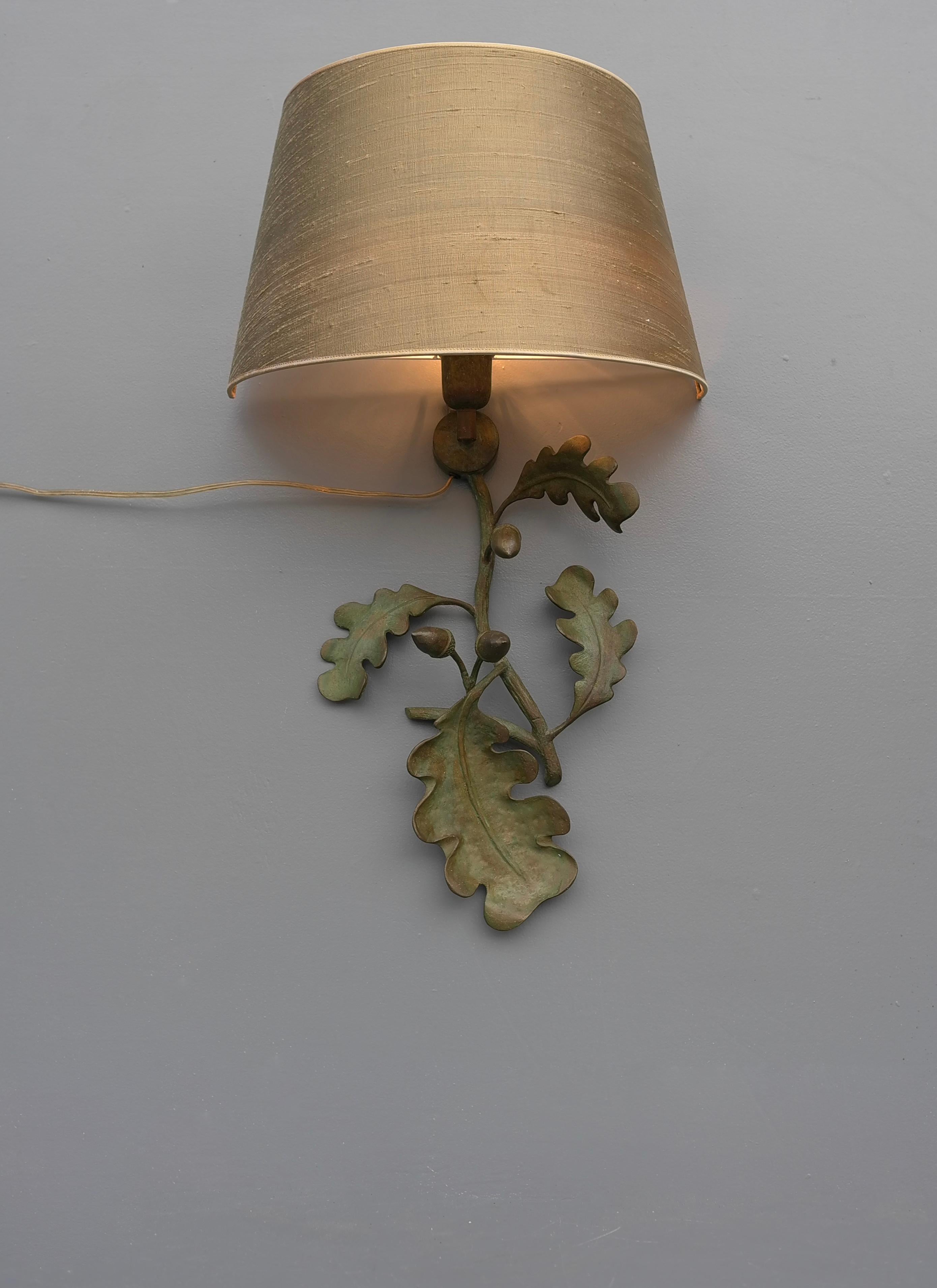 Bronze Oak Leaf and Acorn Wall Sconce with Green Silk Shade, France 1960's 1