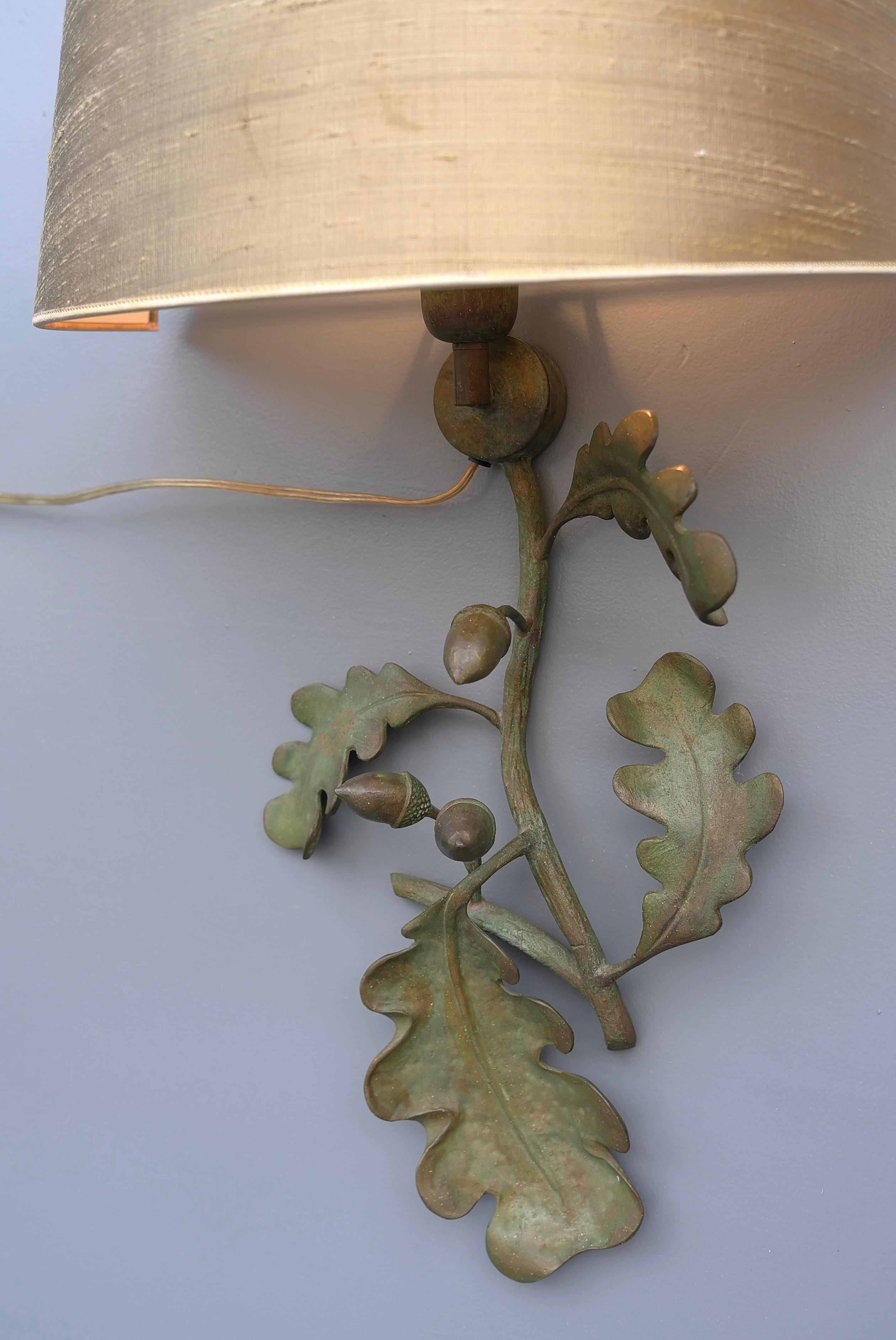 Bronze Oak Leaf and Acorn Wall Sconce with Green Silk Shade, France 1960's 2