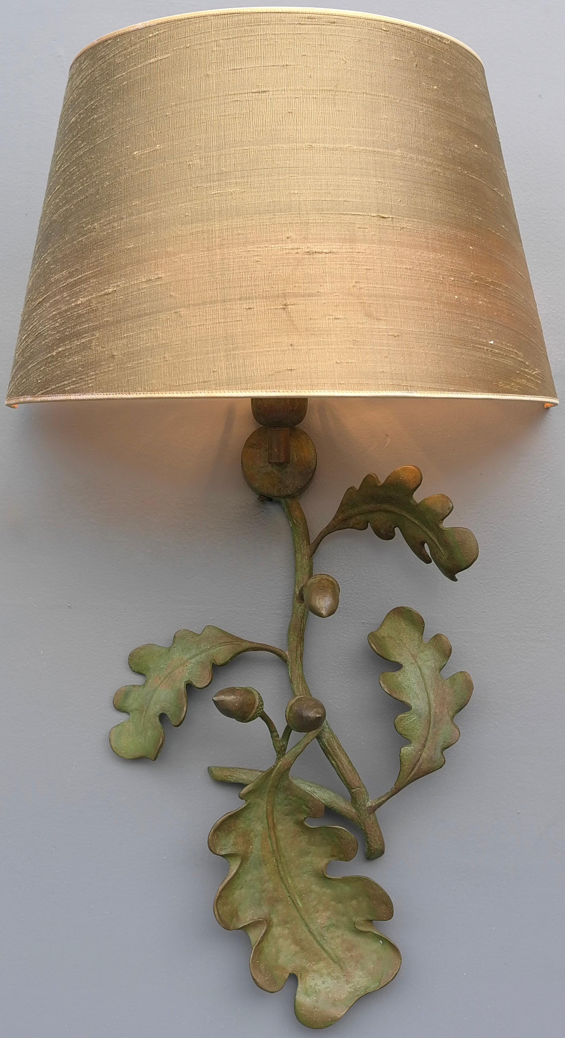 Bronze Oak Leaf and Acorn Wall Sconce with Green Silk Shade, France 1960's 3