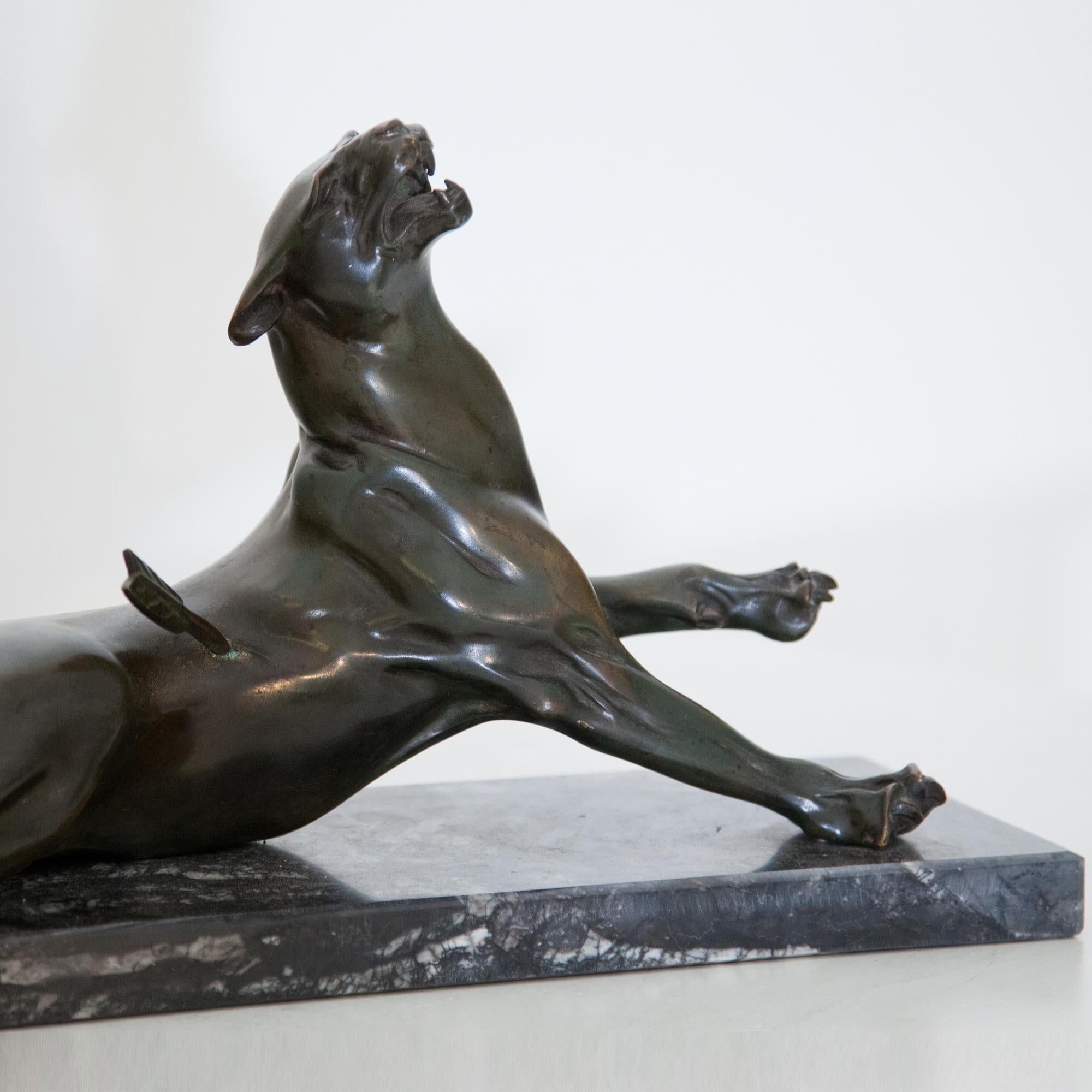 20ième siècle Bronze d'une panthère blessée, probablement France, première moitié du 20e siècle en vente