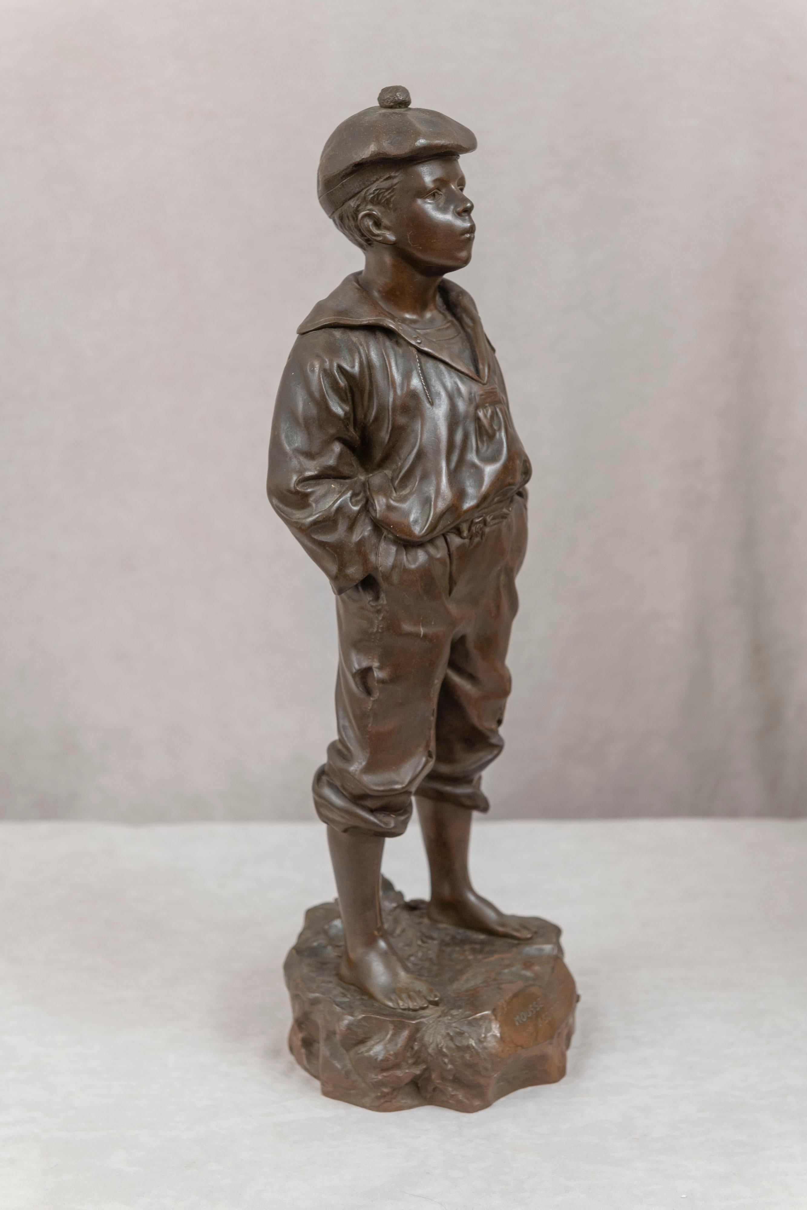 Art Nouveau Bronze of a Young Barefoot Boy W/Hands in Pockets Is Whistling, Ca. 1889 in vendita