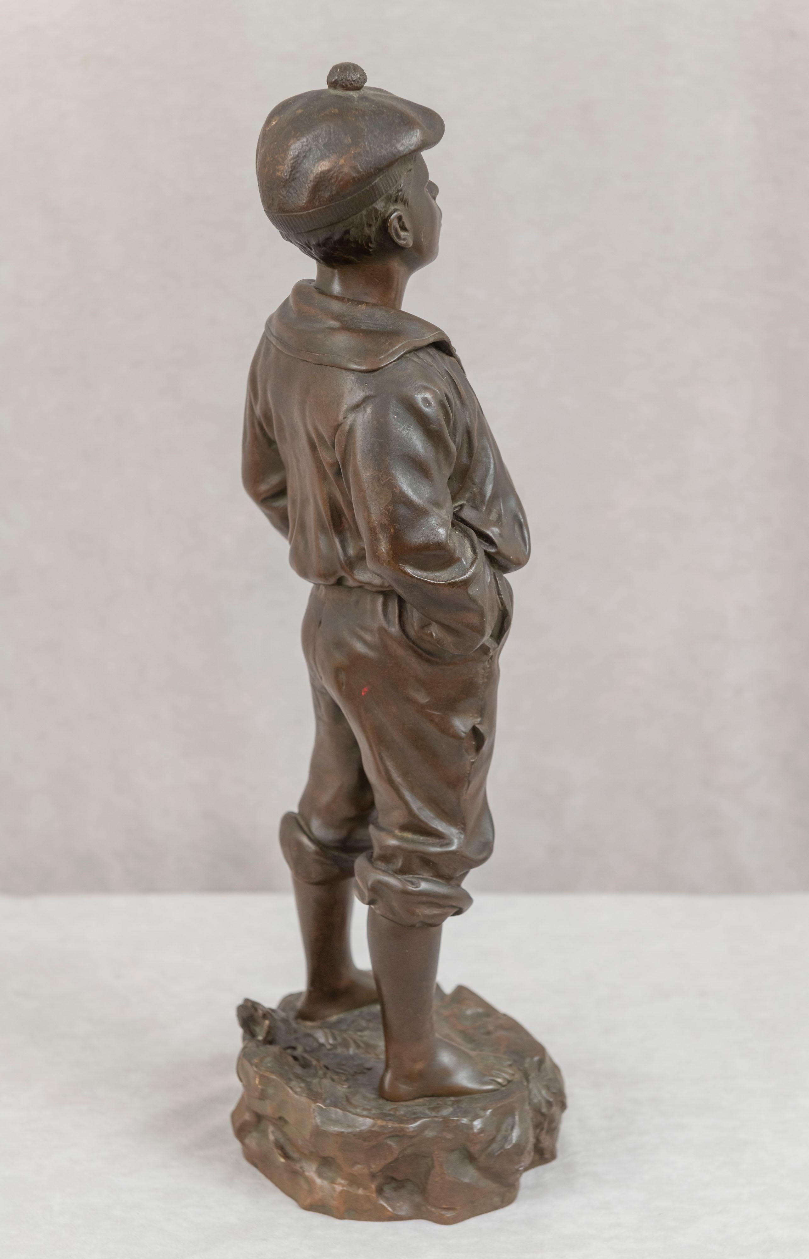 Polacco Bronze of a Young Barefoot Boy W/Hands in Pockets Is Whistling, Ca. 1889 in vendita