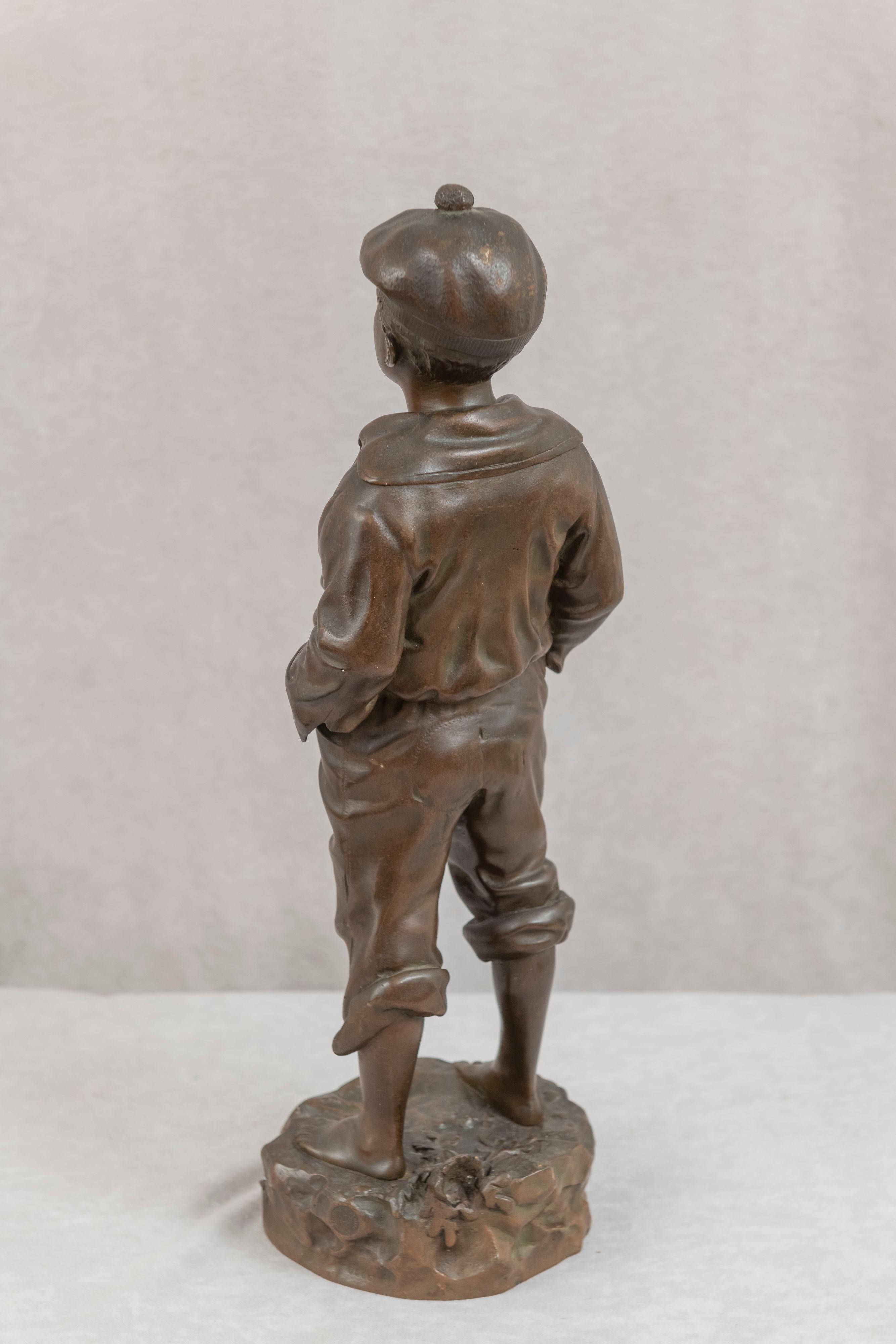 Calco Bronze of a Young Barefoot Boy W/Hands in Pockets Is Whistling, Ca. 1889 in vendita