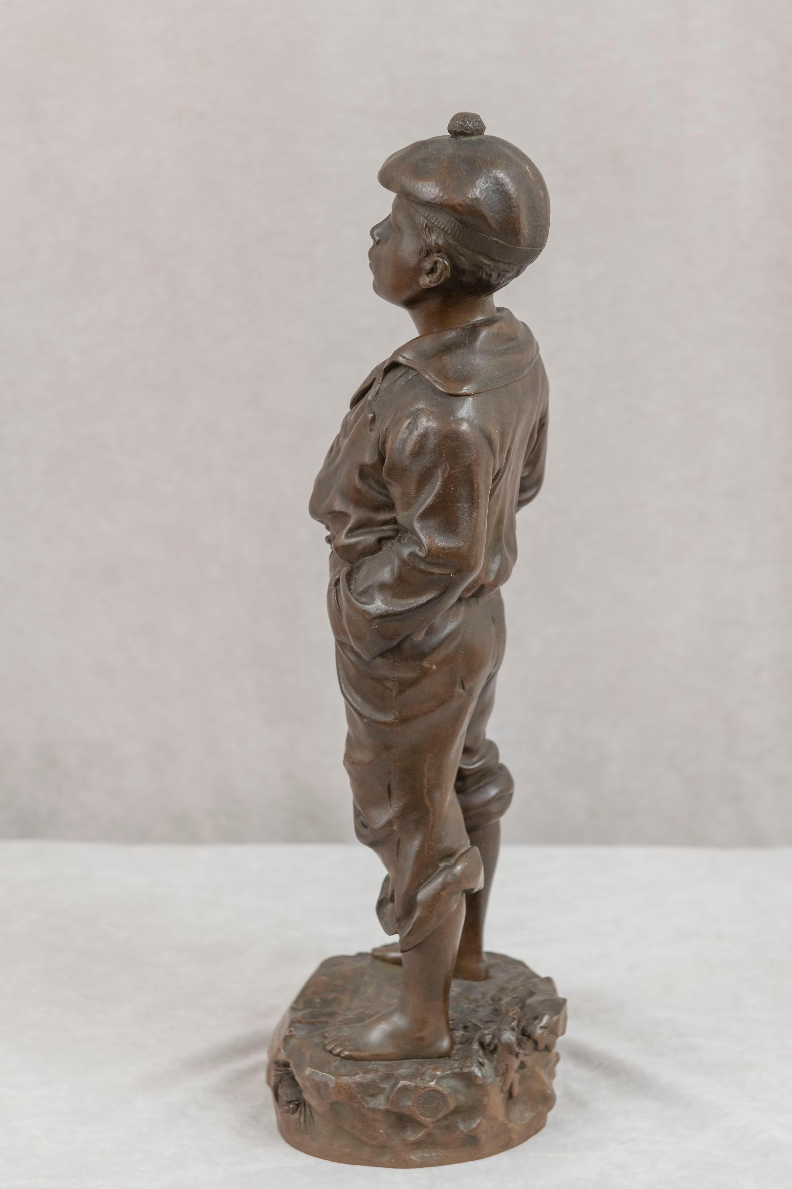 XIX secolo Bronze of a Young Barefoot Boy W/Hands in Pockets Is Whistling, Ca. 1889 in vendita