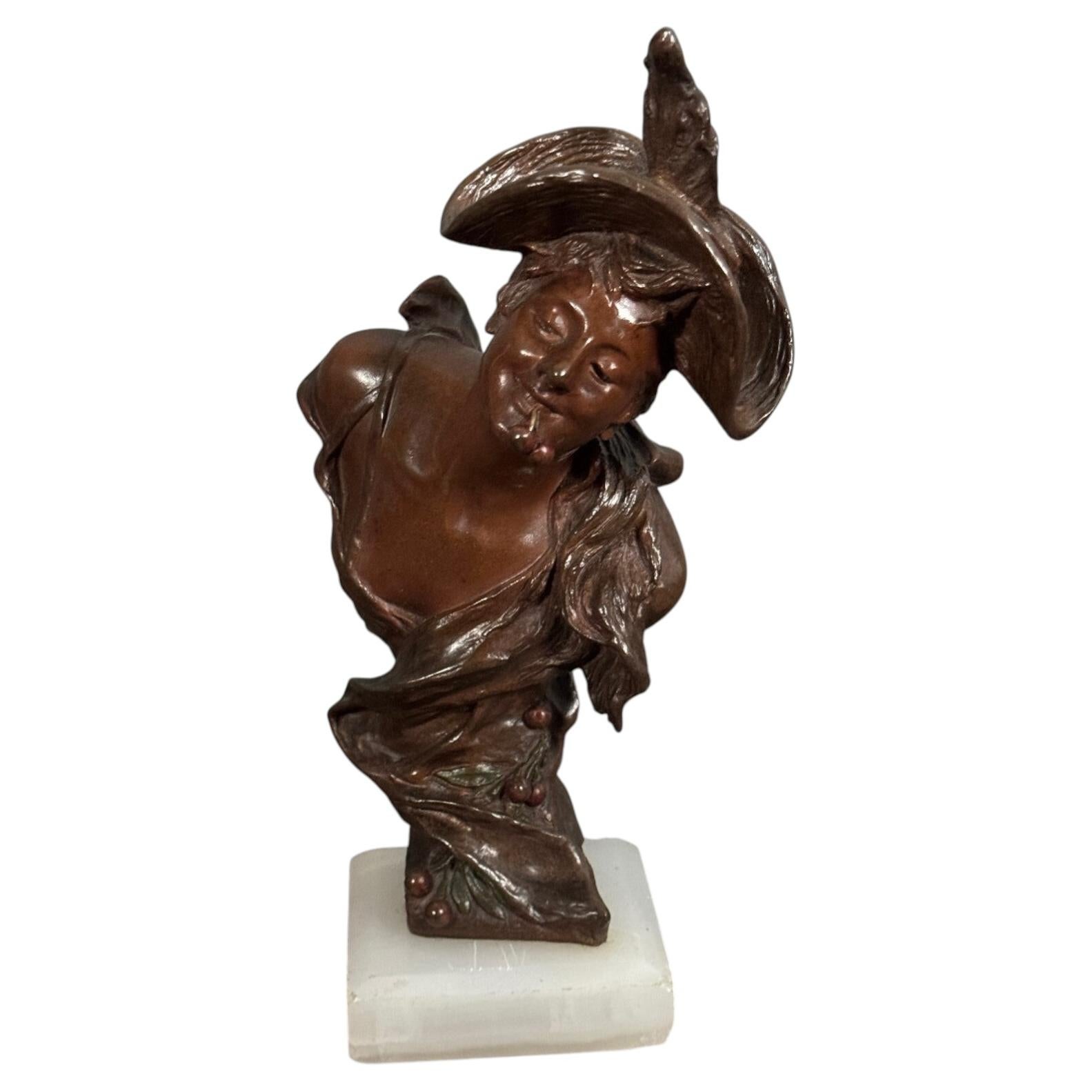 Bronze d'une jeune fille avec des cerises par A der Van - Triple Patine en vente