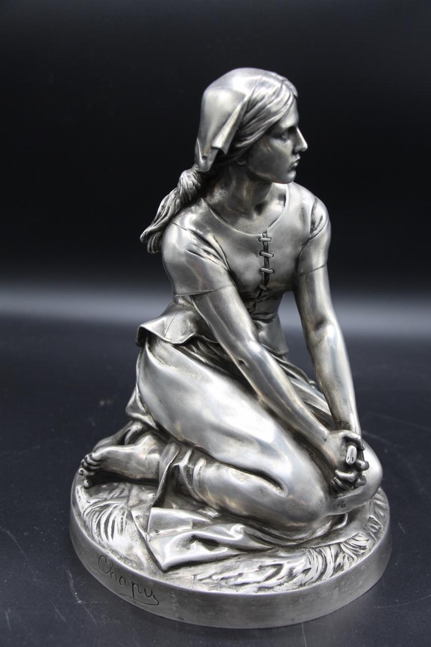 Bronze Of Joan Of Arc With Silver Patina, Barbedienne 19th Century (Französisch) im Angebot