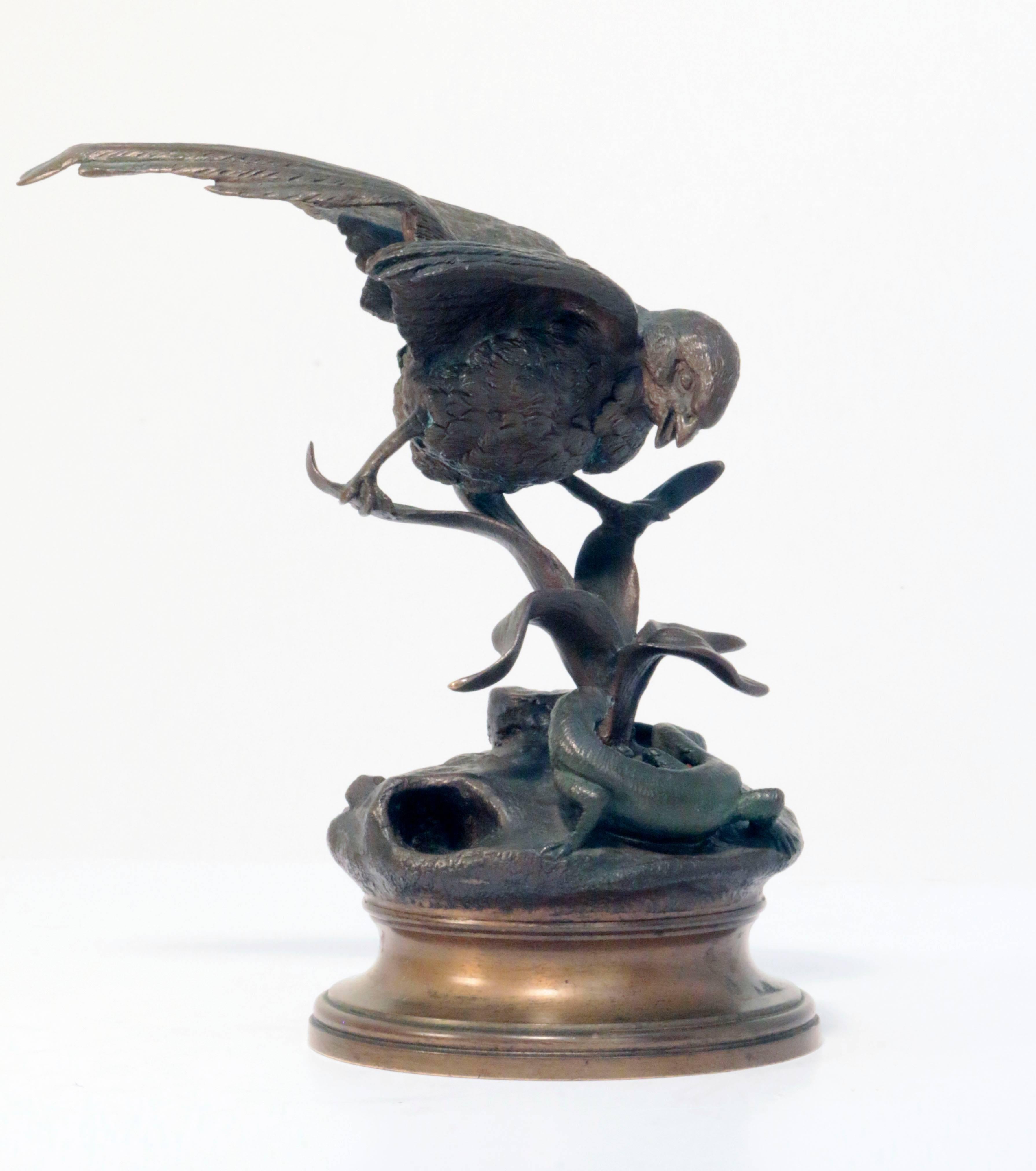 French Bronze of Sparrow and Lizard by Jules Moigniez