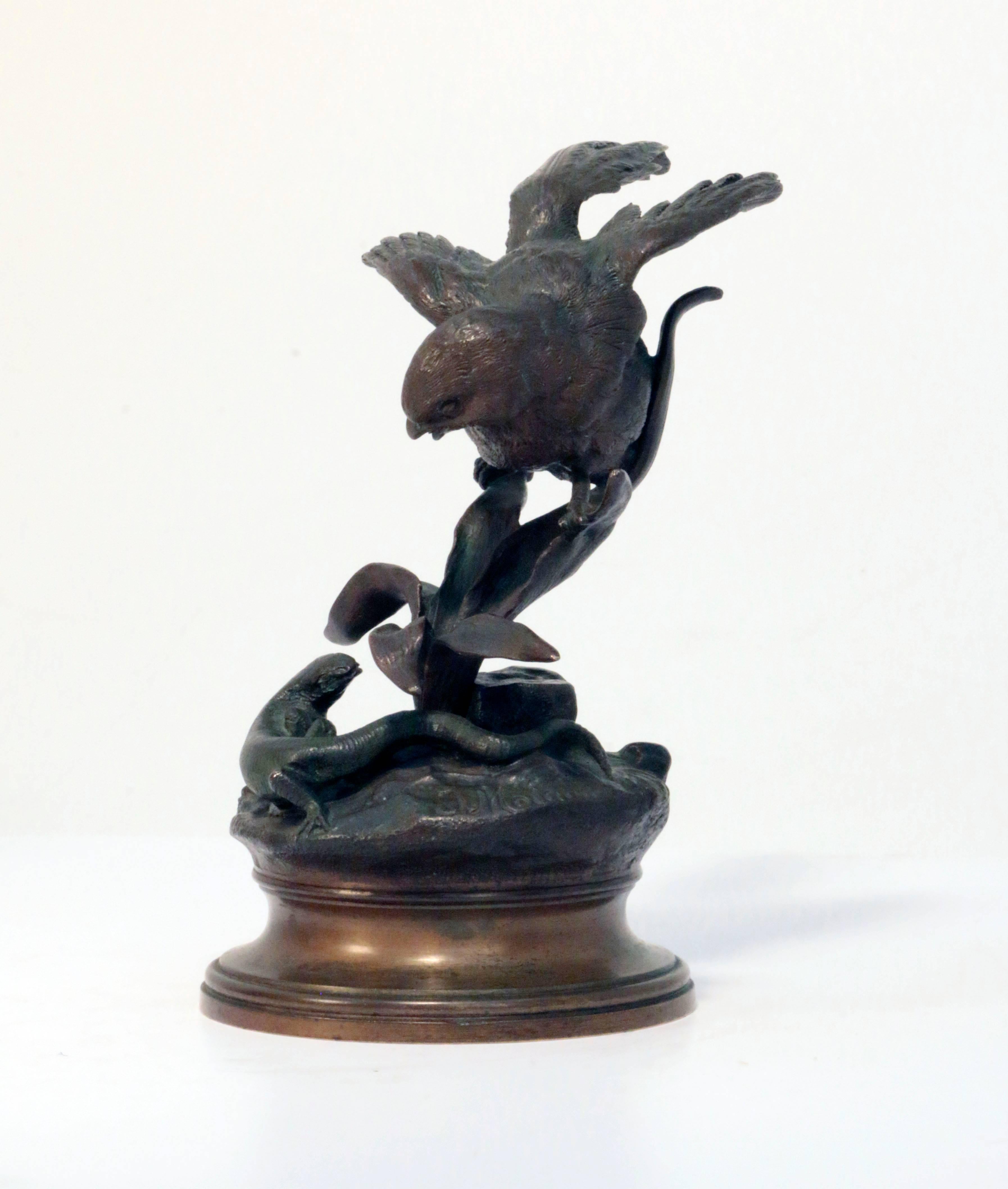 Cast Bronze of Sparrow and Lizard by Jules Moigniez