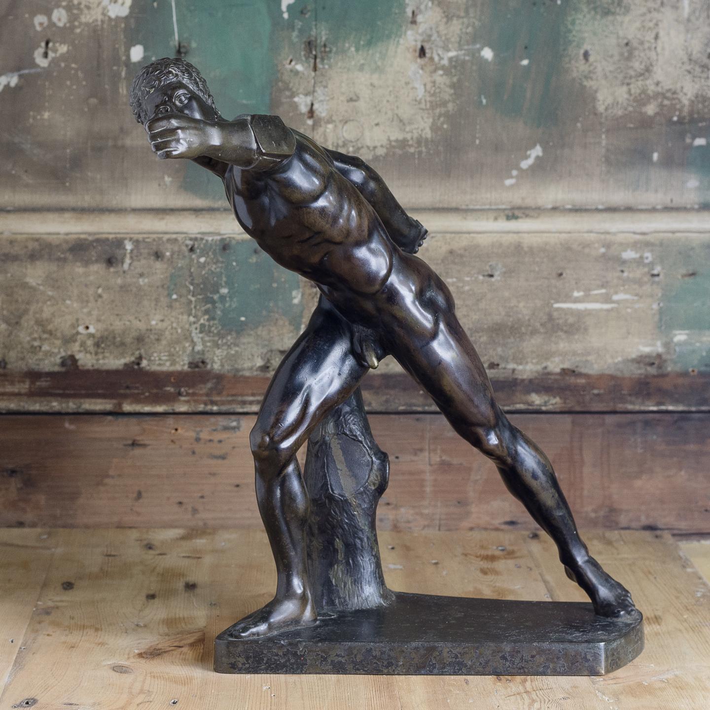 Bronze sculpture of the Borghese Gladiator, Italian, early 19th century, richly patinated on plinth base.