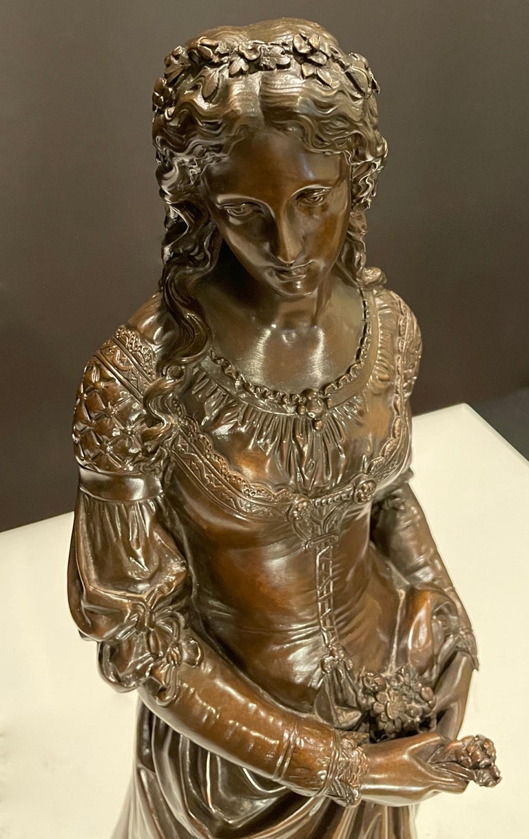 Belle Époque Bronze of Young Woman with Flowers by Marcel Debut For Sale