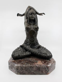 Bronze on Marble Base Seated Cross Legged Lady