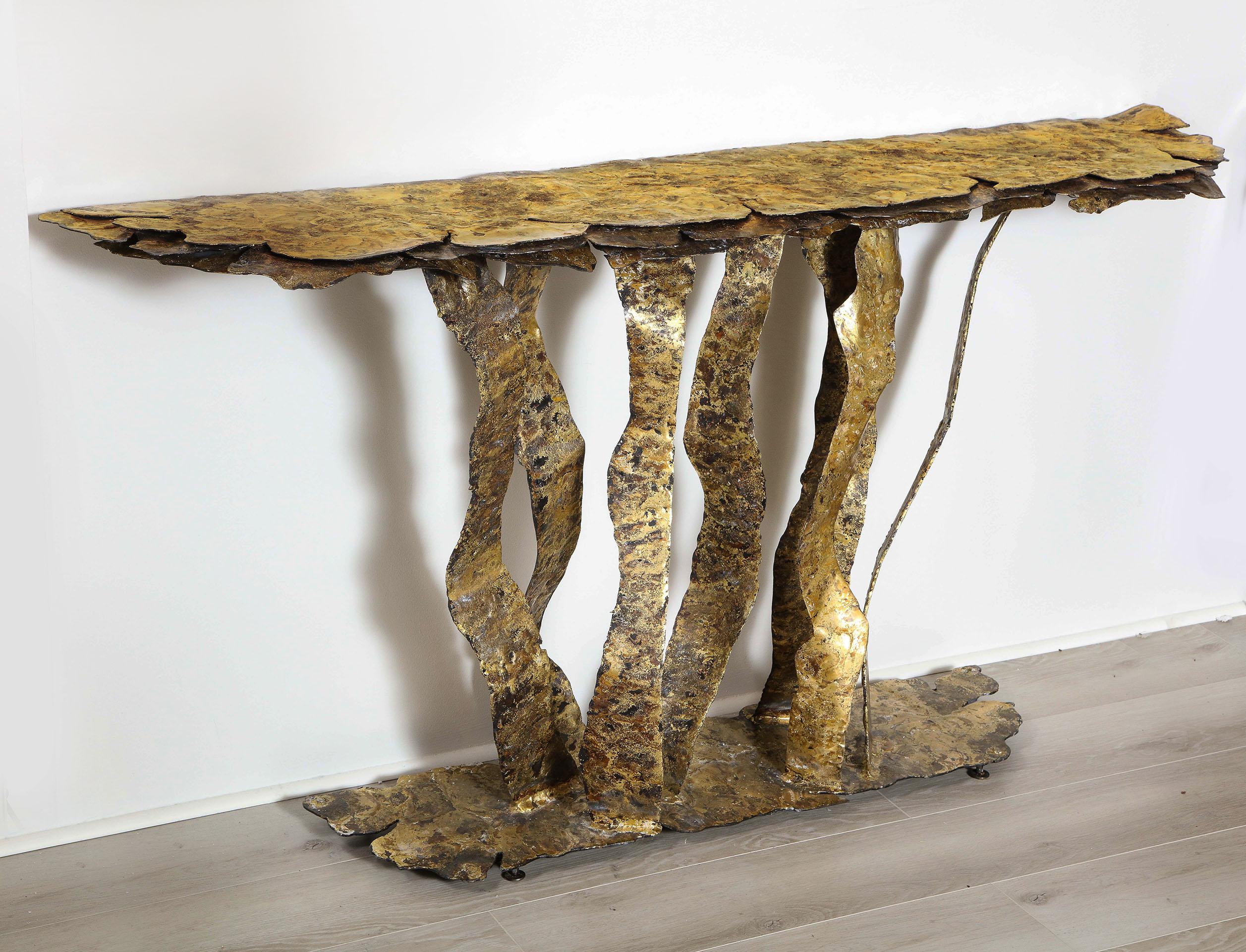 This superb and rare console table created on multiple layers of bronze on steel with an antique patina.
Signed Silas Seandel.