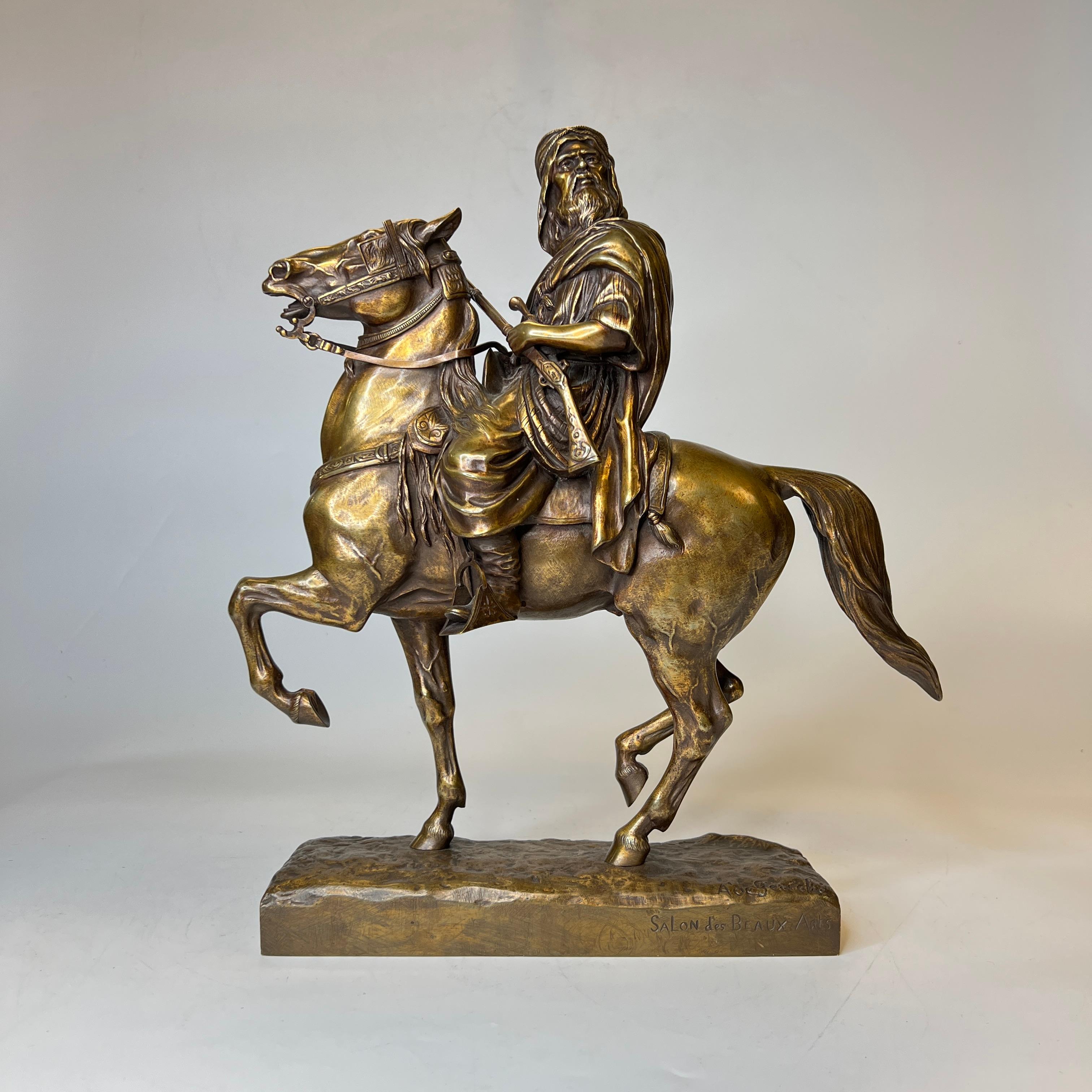 Fine patinated bronze casting of an Arab on horseback after A. de Gericke (active 19th-20th century) measuring 15 by 13 by 5 inches and in excellent condition.  Incised with the signature of the artist, and 
