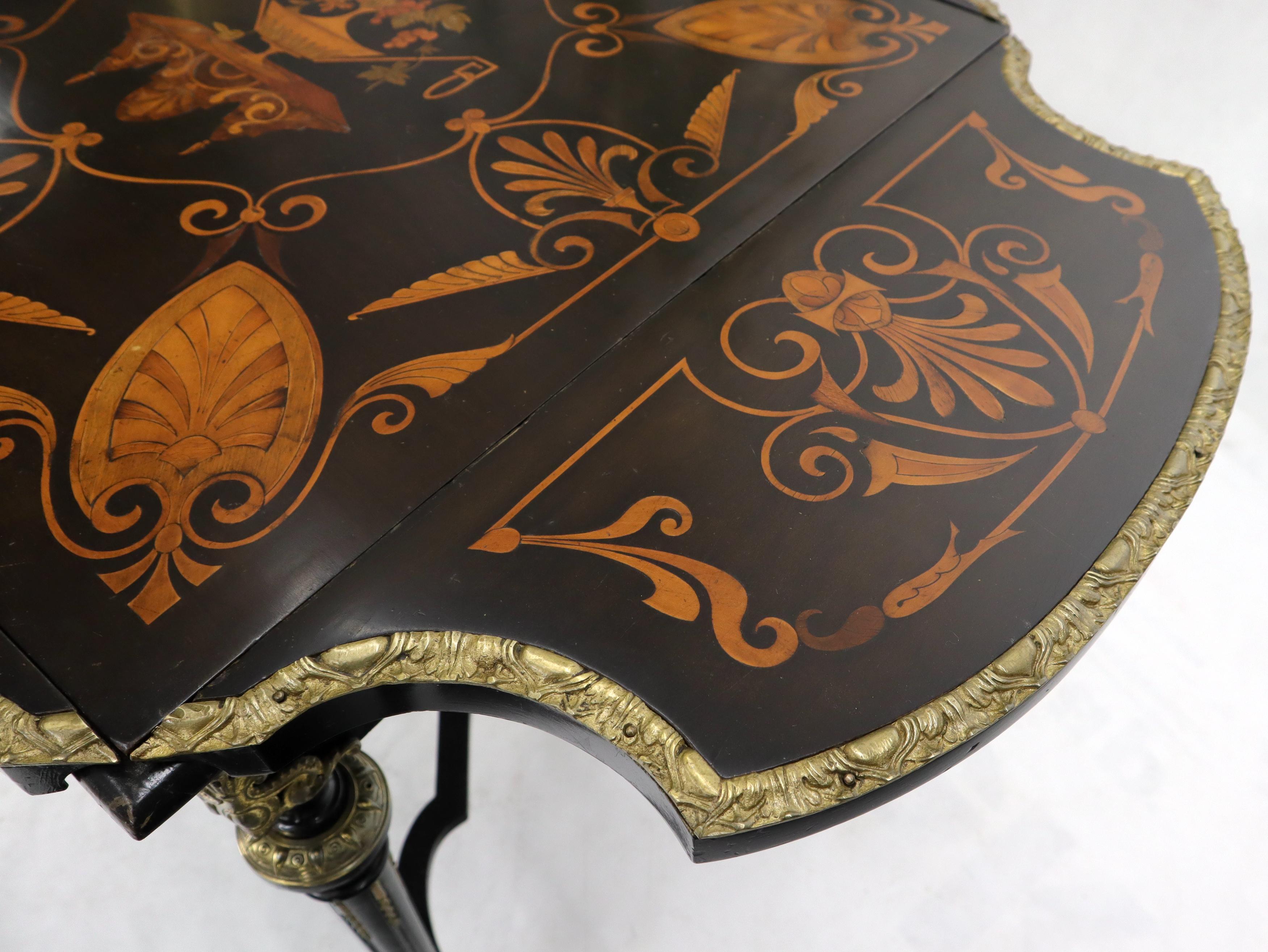 Bronze Ormolu Ebonized Mahogany Inlay Drop-Leaf Top Game Table Guerdon For Sale 1