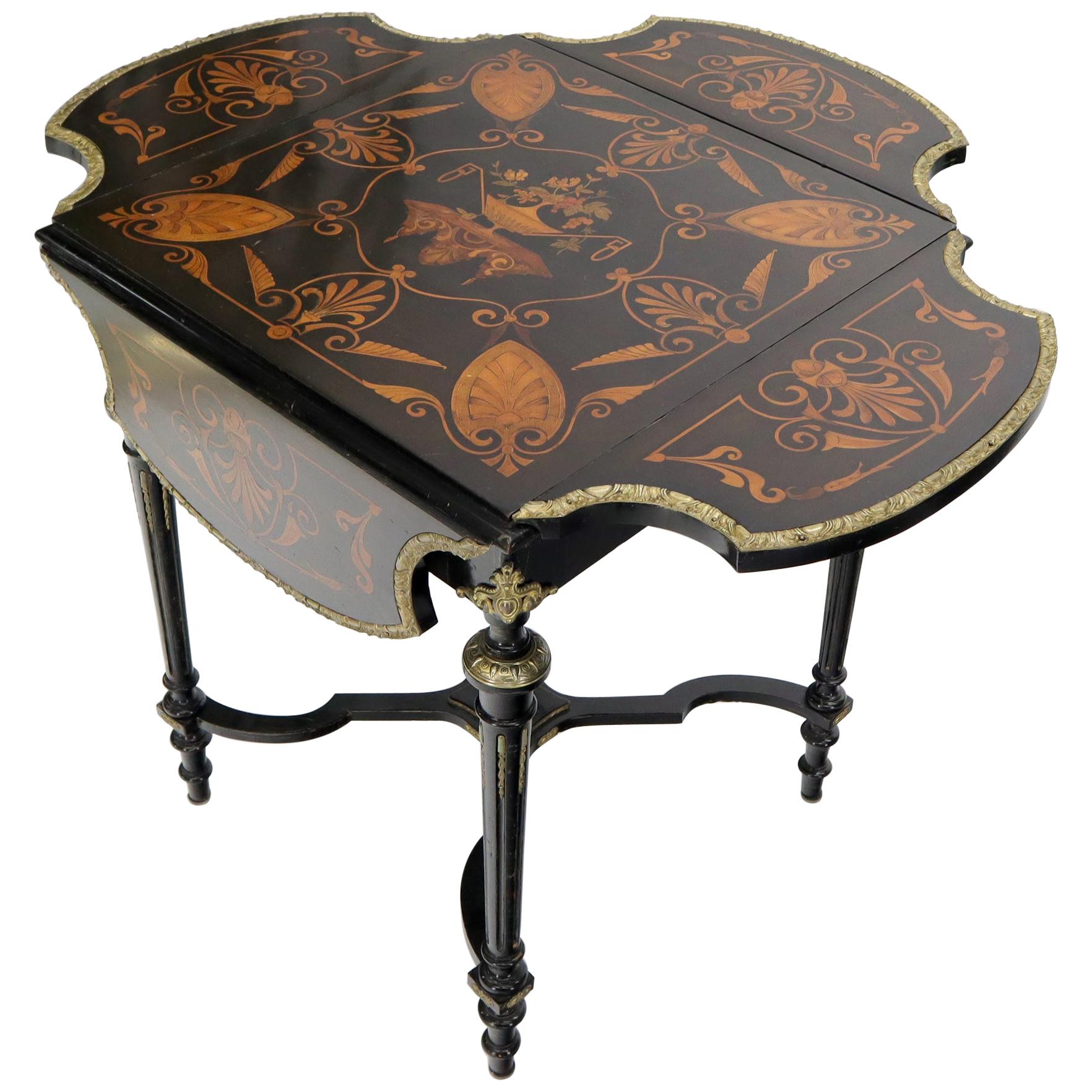 Bronze Ormolu Ebonized Mahogany Inlay Drop-Leaf Top Game Table Guerdon For Sale