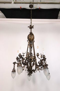 Bronze Ornate Chandelier w Original Etched Glass Down Shades