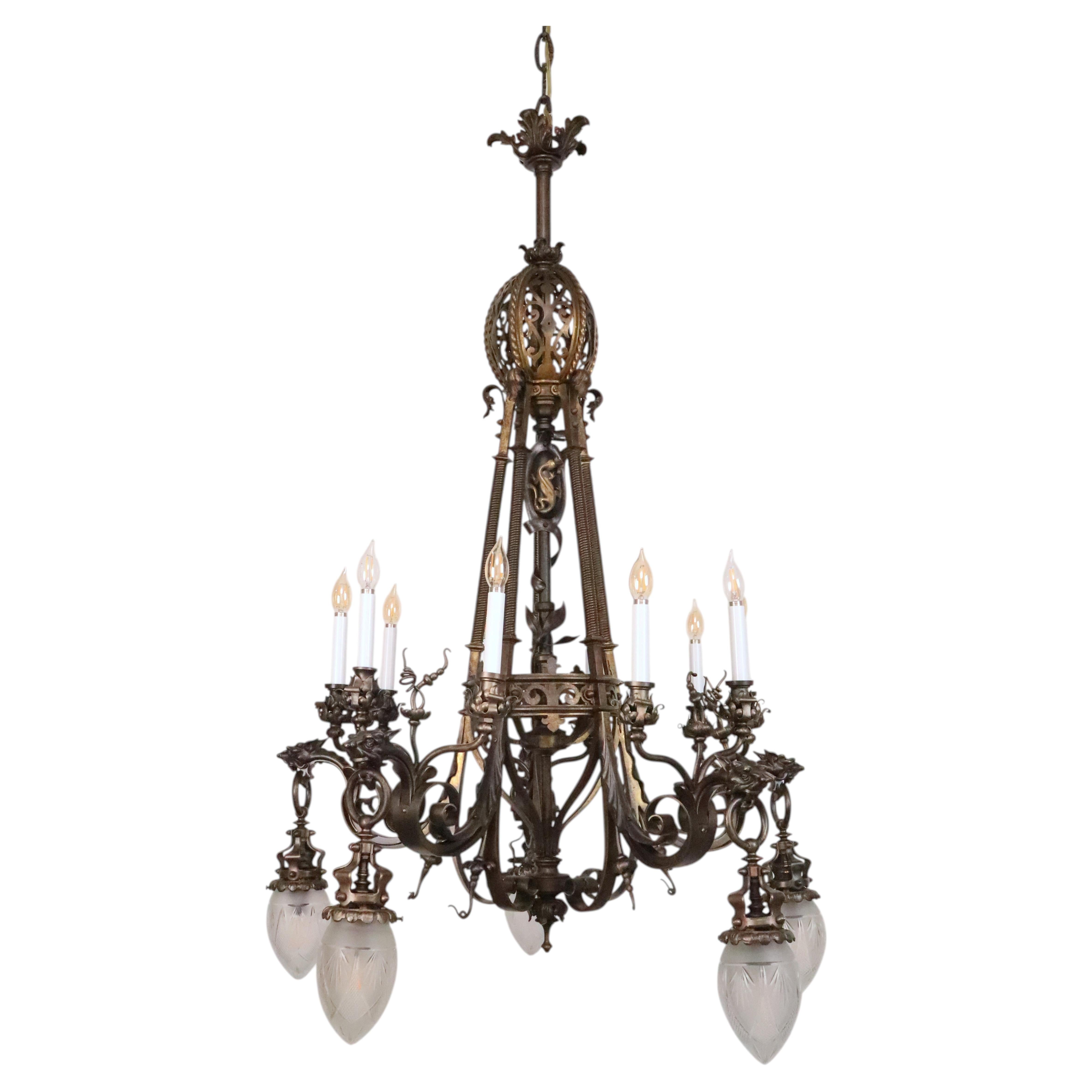 Bronze Ornate Chandelier w/ Original Etched Glass Down Shades For Sale