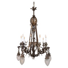 Bronze Ornate Chandelier w Original Etched Glass Down Shades