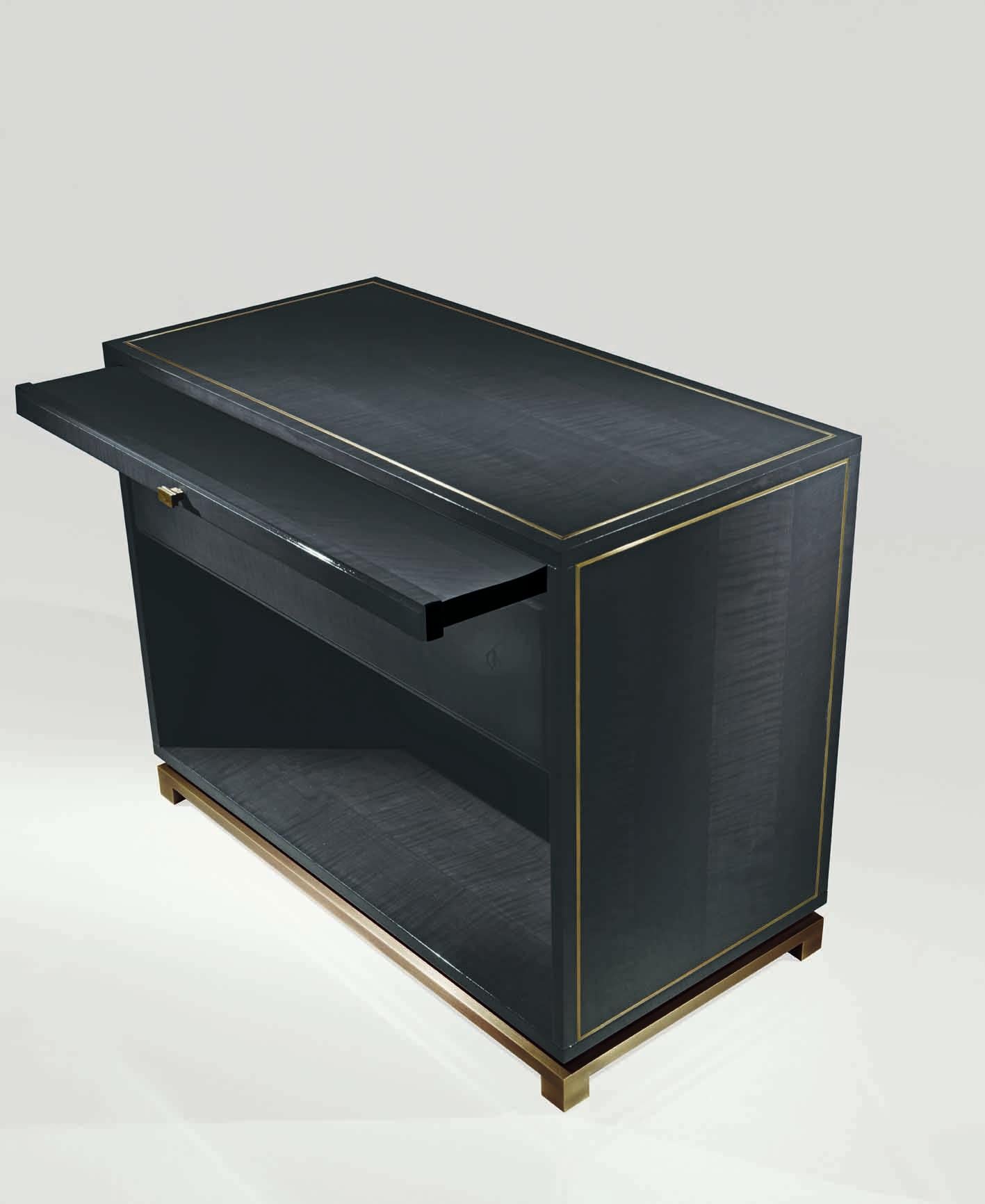 Modern Bronze, Orsi, Mrs. Kamini Jivan, Bedside Table, Figured Sycamore, Bronze Brass For Sale