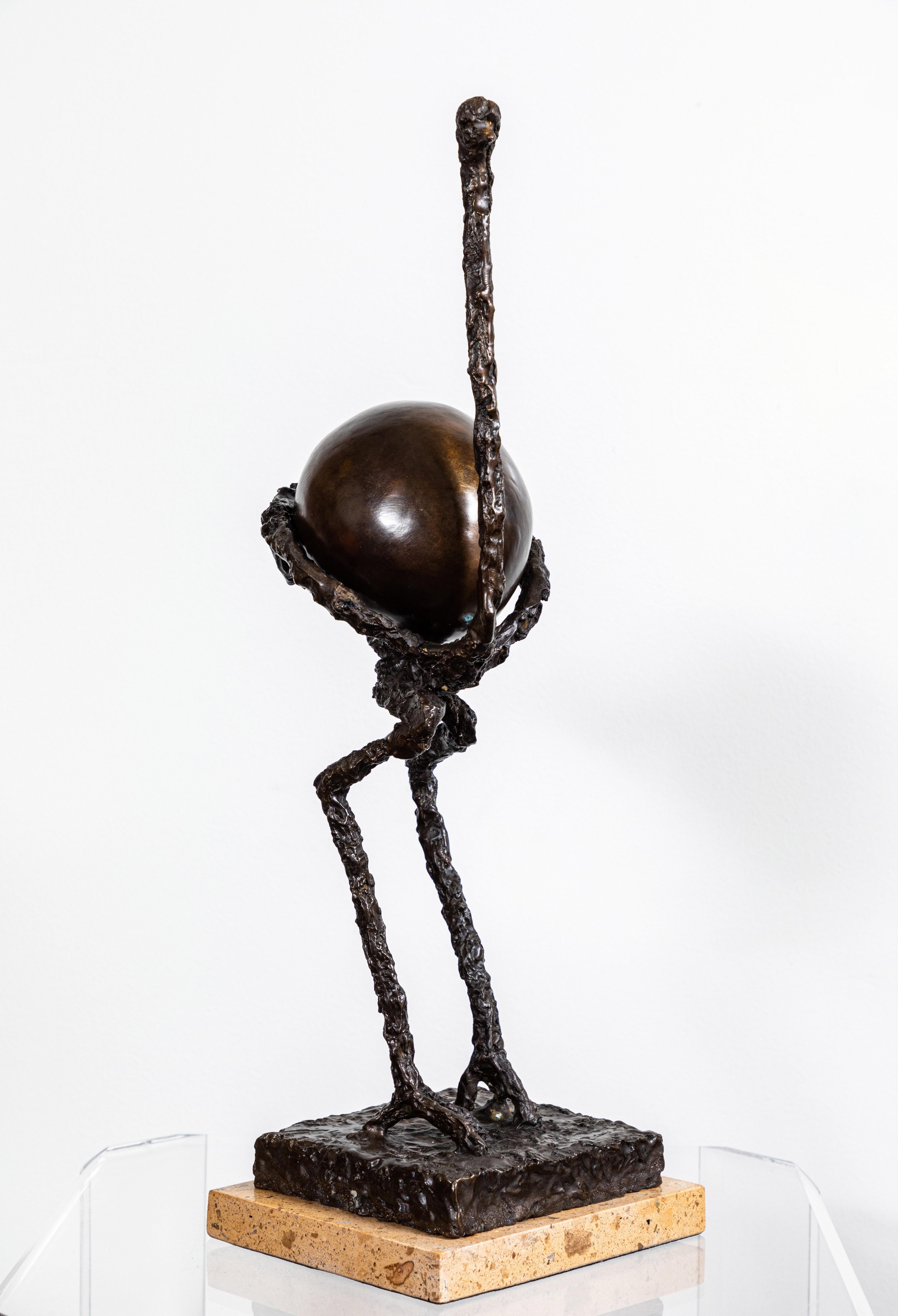 Whimsical bronze ostrich sculpture reminiscent of the designs of Giacometti. The ostrich egg, also of bronze, sits in the body of the sculpture and is not attached. Unsigned, circa 1980s.