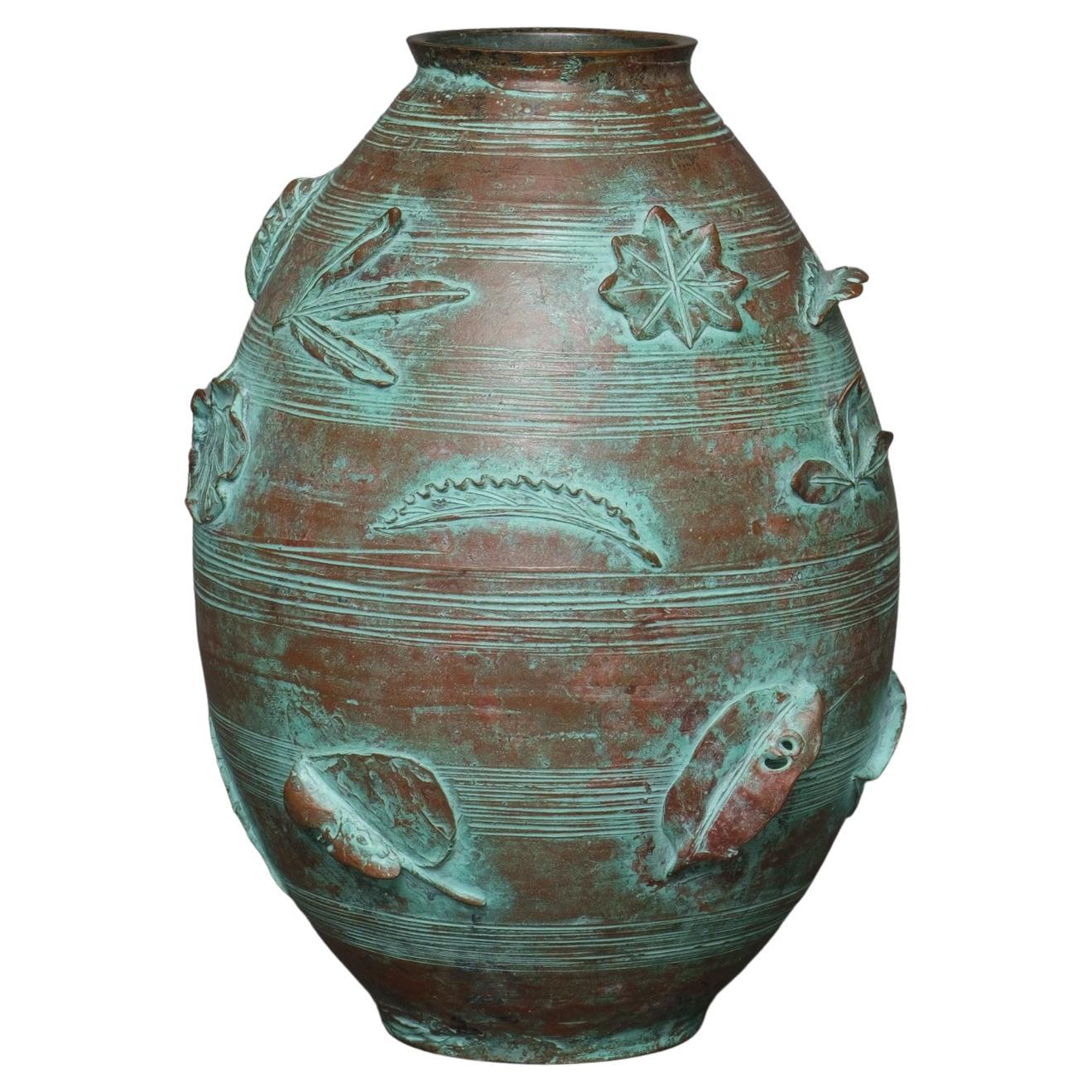 Bronze Ovoid Vase with High Relief Leaf Design by Nitten Artist Hirai Noboru 平井昇 For Sale