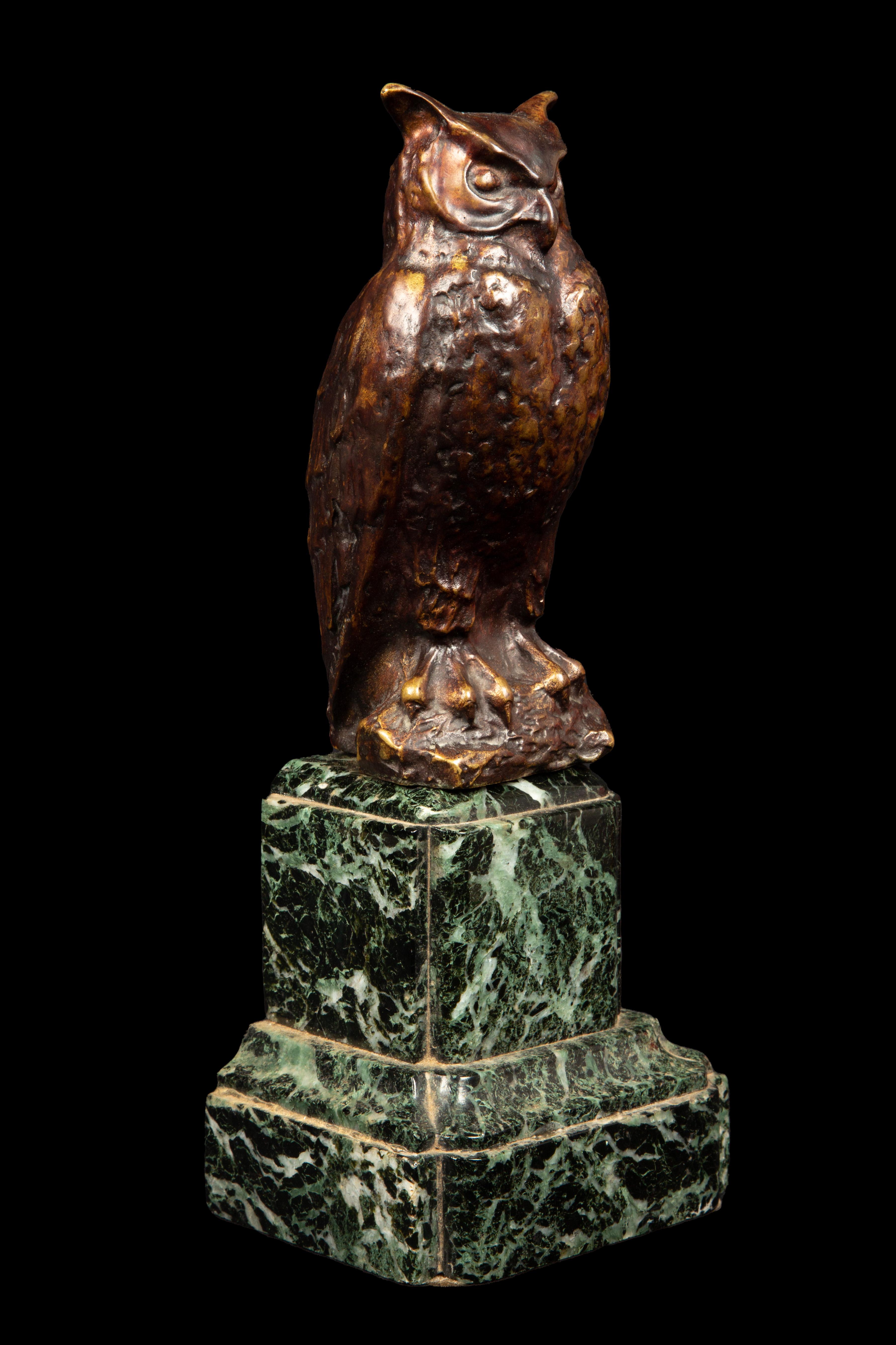 Bronze Owl on Green Marble Base by Max Le Verrier (1891 - 1973) In Excellent Condition In New York, NY