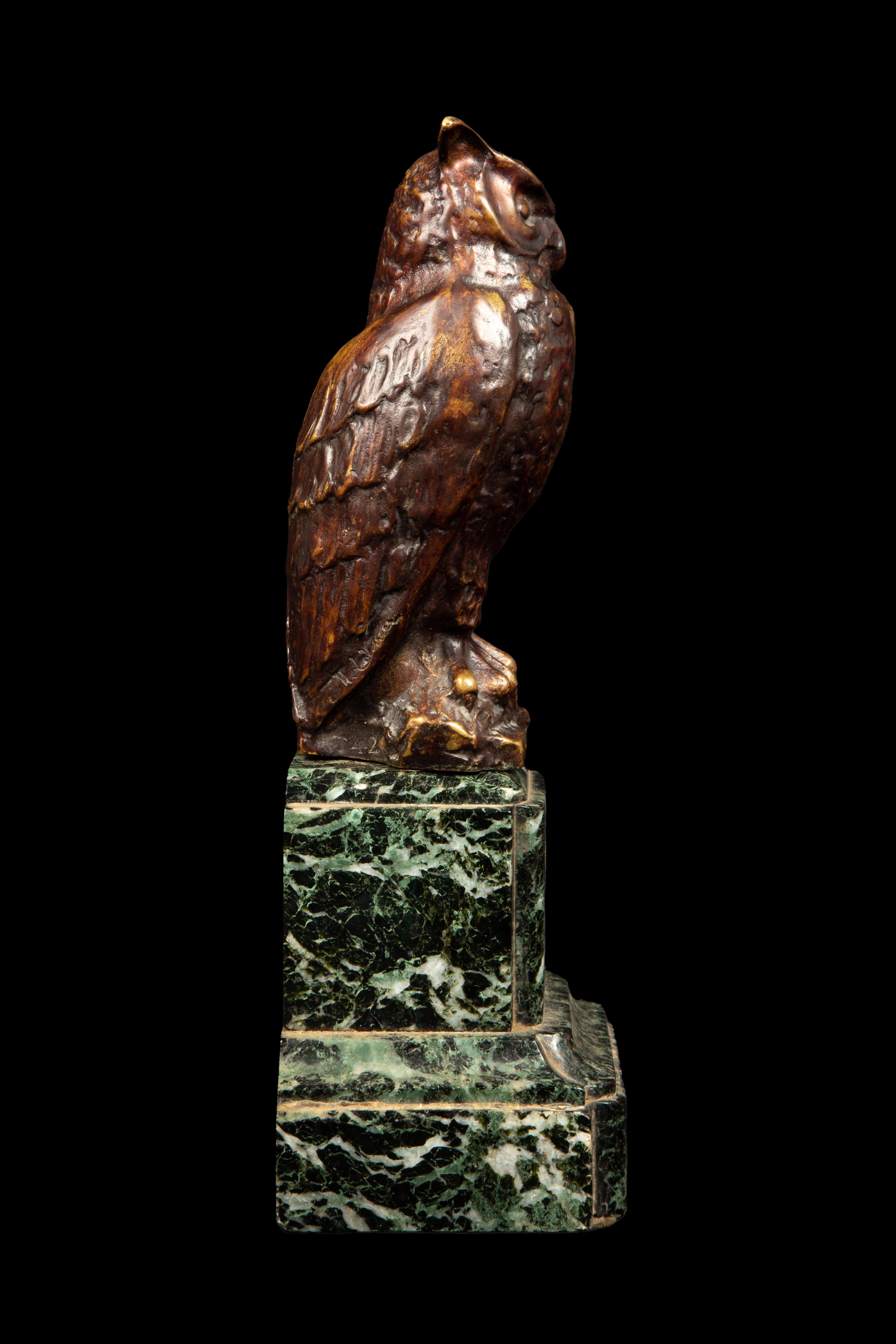 20th Century Bronze Owl on Green Marble Base by Max Le Verrier (1891 - 1973)