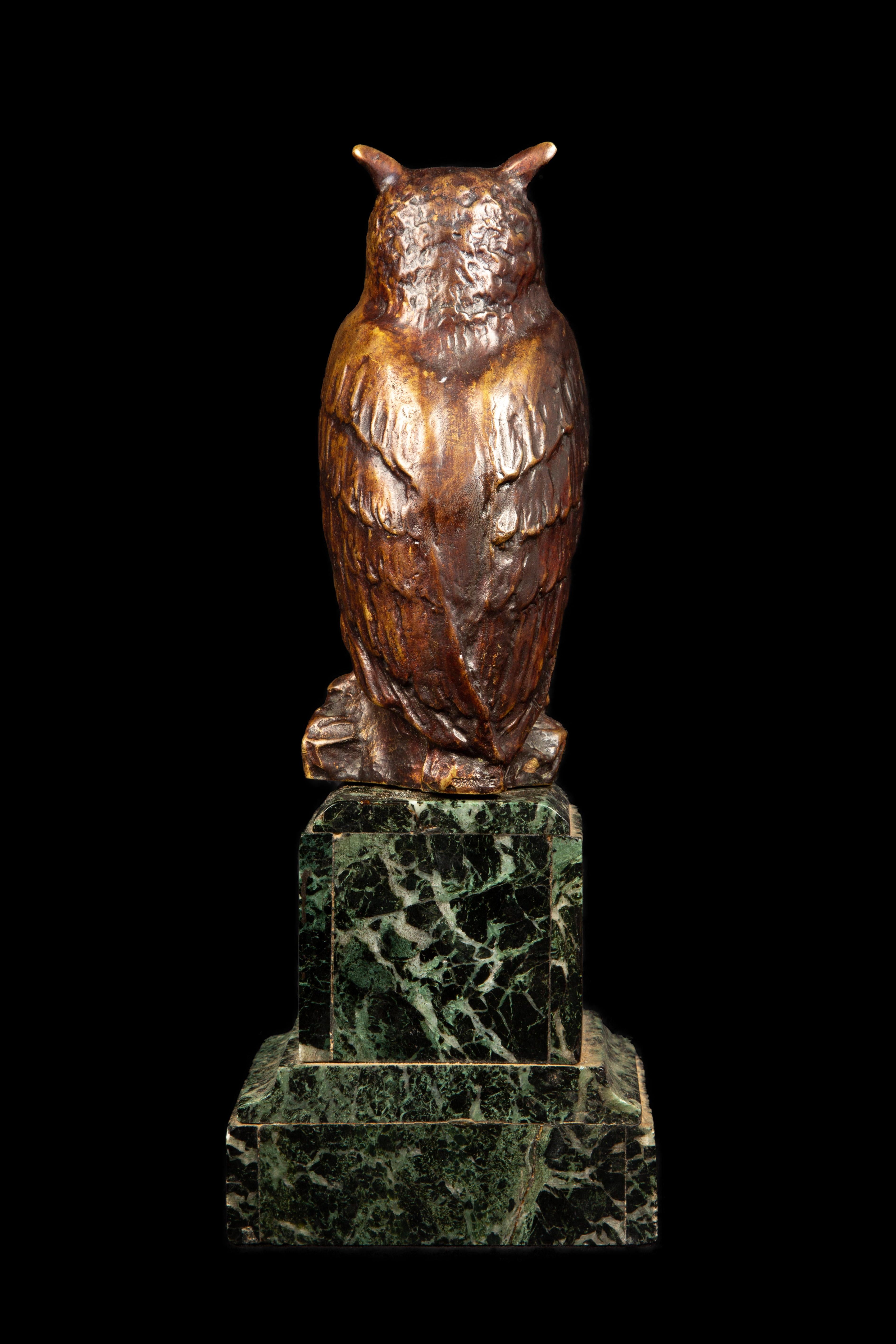 Bronze Owl on Green Marble Base by Max Le Verrier (1891 - 1973) 1