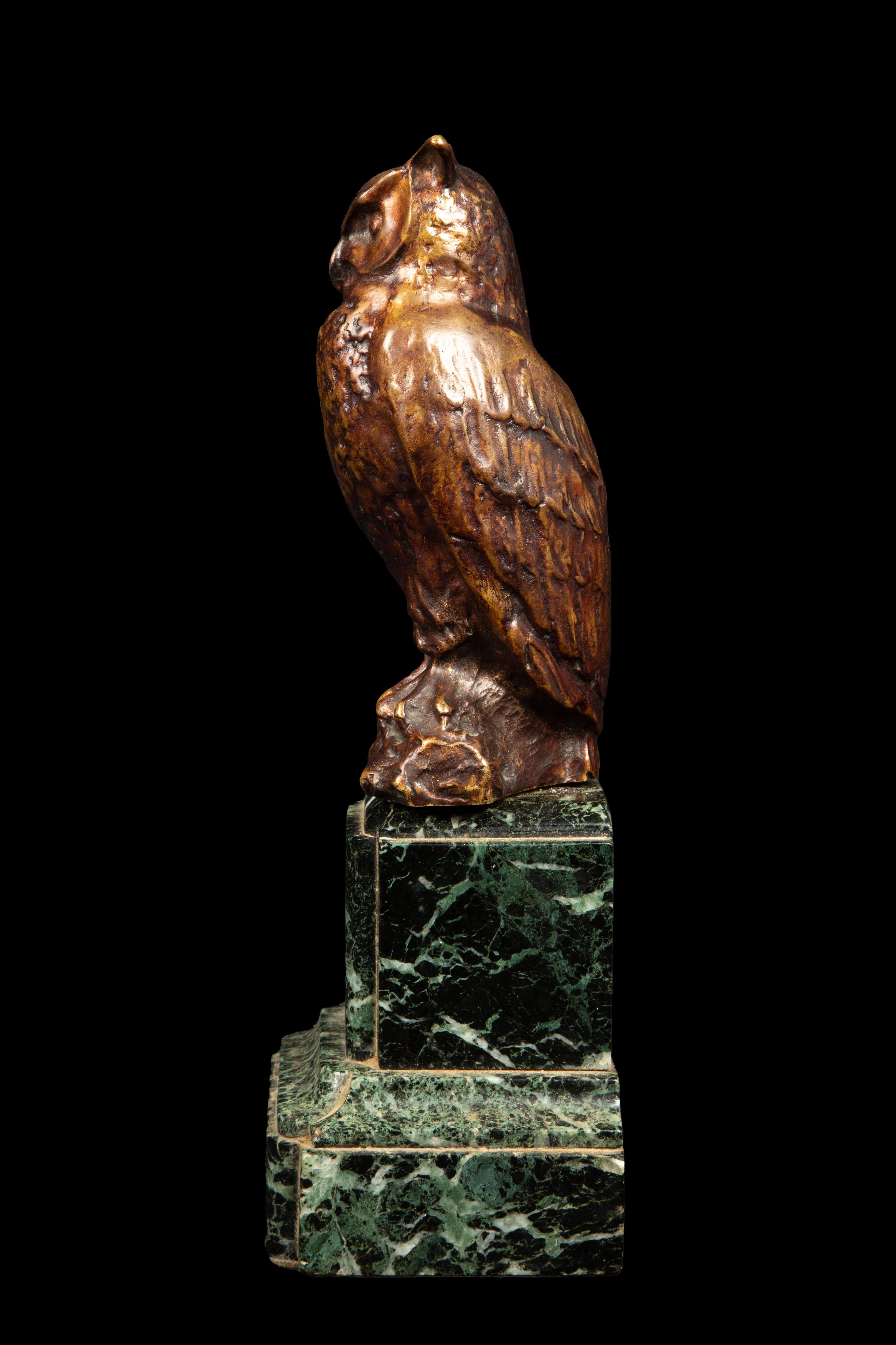 Bronze Owl on Green Marble Base by Max Le Verrier (1891 - 1973) 2