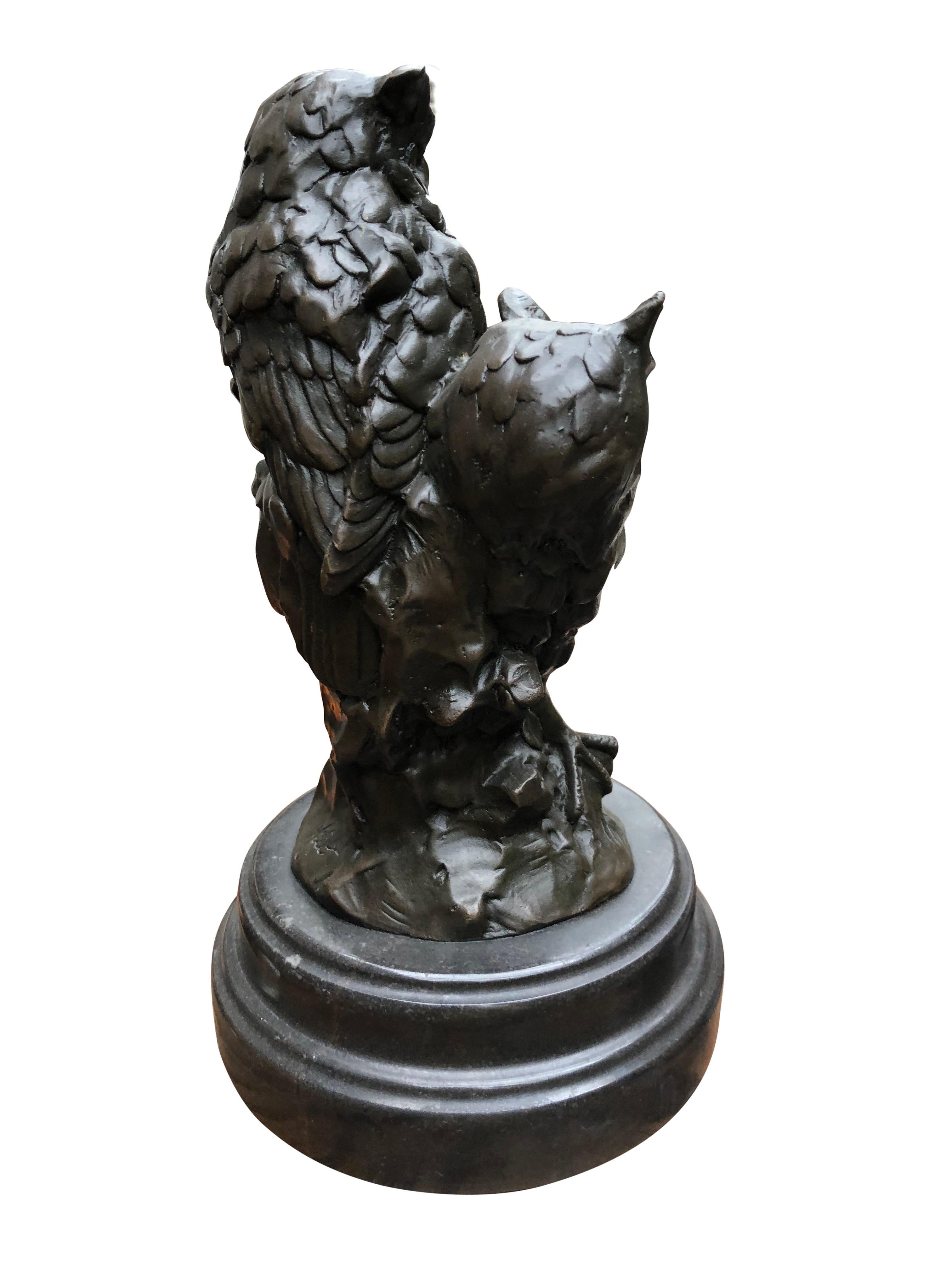 French Bronze Owl Statue, Casting Pair Barn Owl Birds, 20th Century