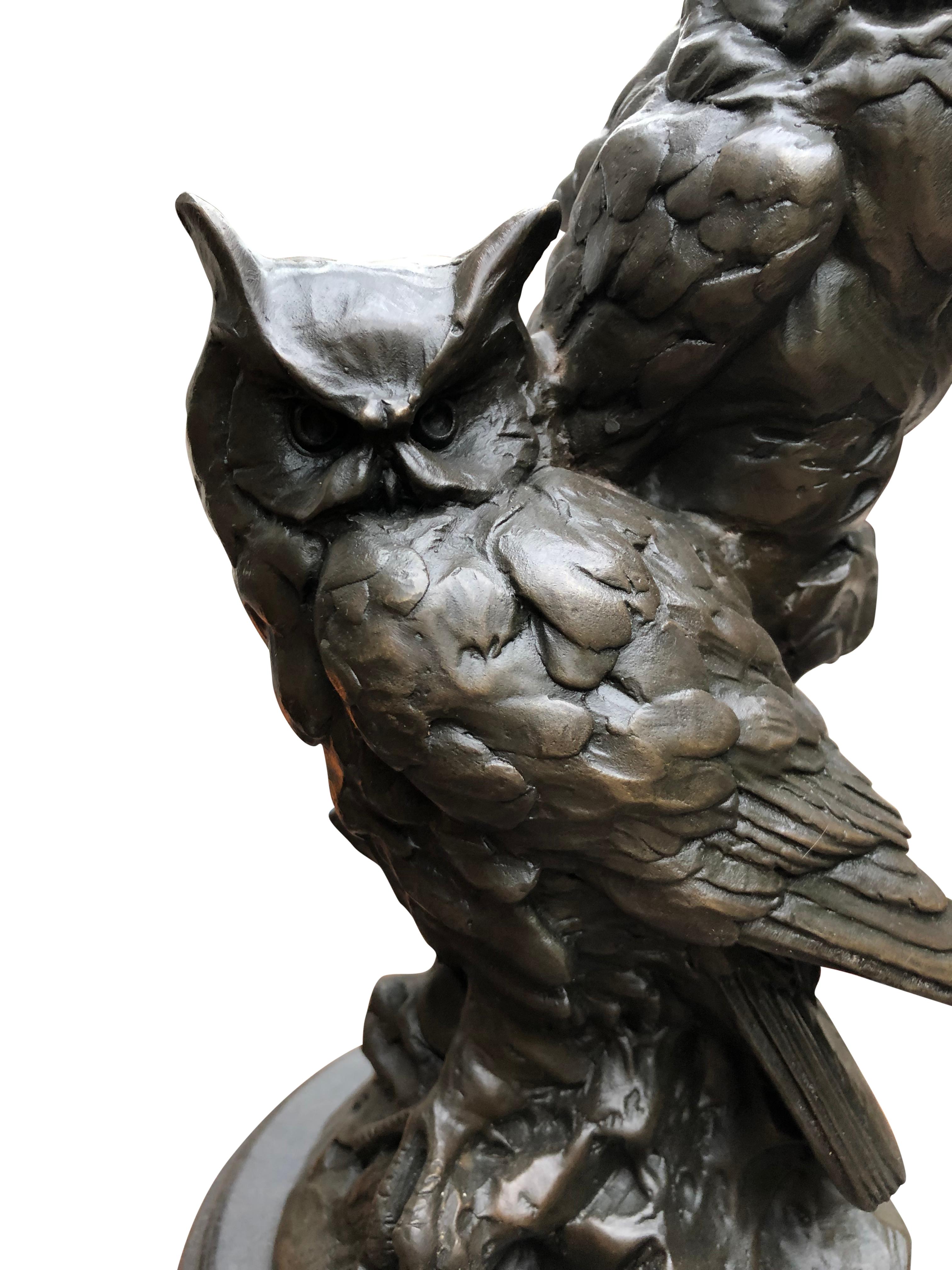 Bronze Owl Statue, Casting Pair Barn Owl Birds, 20th Century 3
