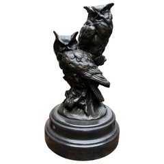Bronze Owl Statue, Casting Pair Barn Owl Birds, 20th Century