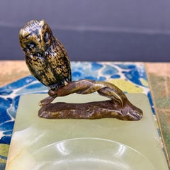 Bronze Owl Statue on Green Agate Jewelry Tray, Vintage 1950s