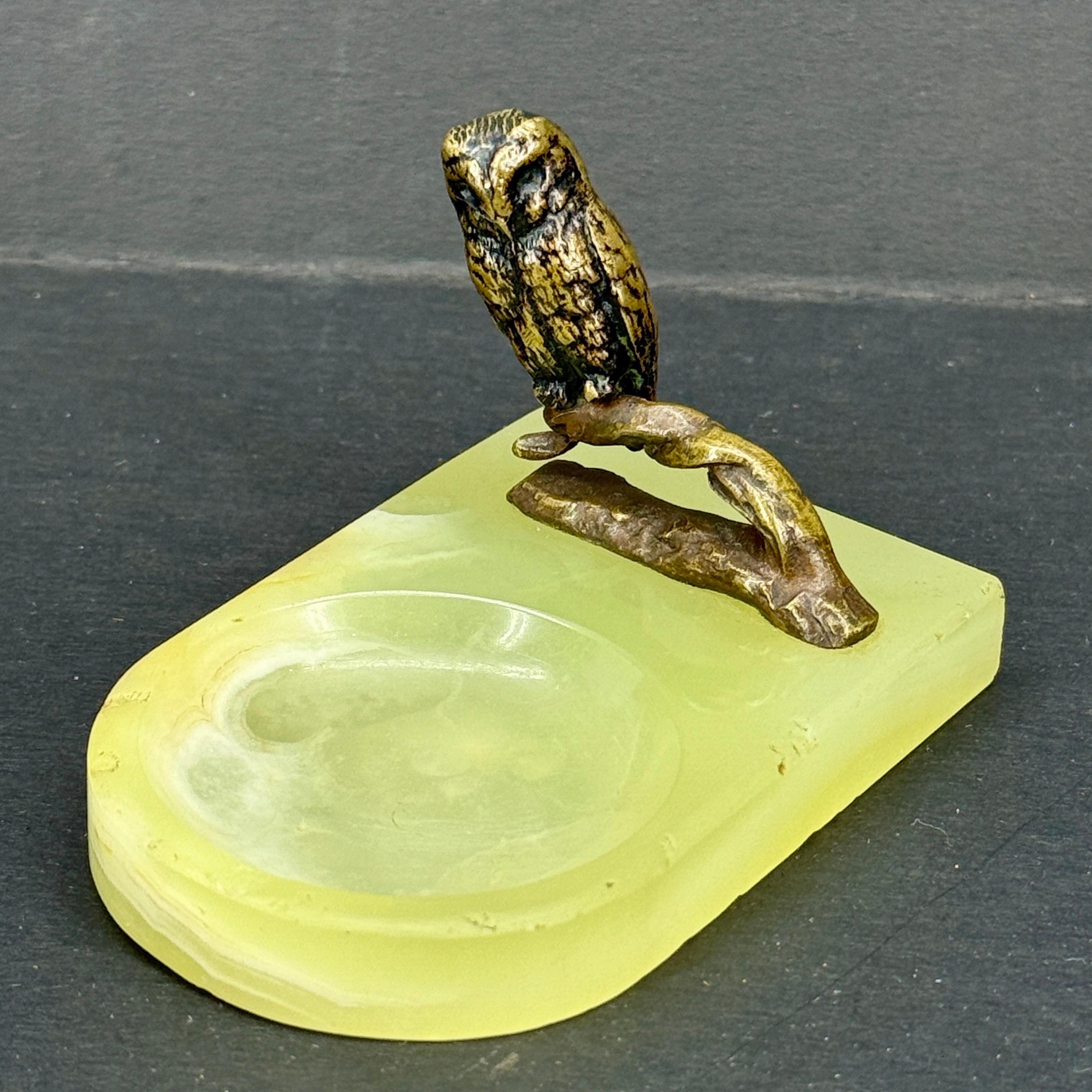 Bronze Owl Statue on Green Agate Jewelry Tray, Vintage 1950s