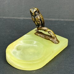 Bronze Owl Statue on Green Agate Jewelry Tray, Vintage 1950s