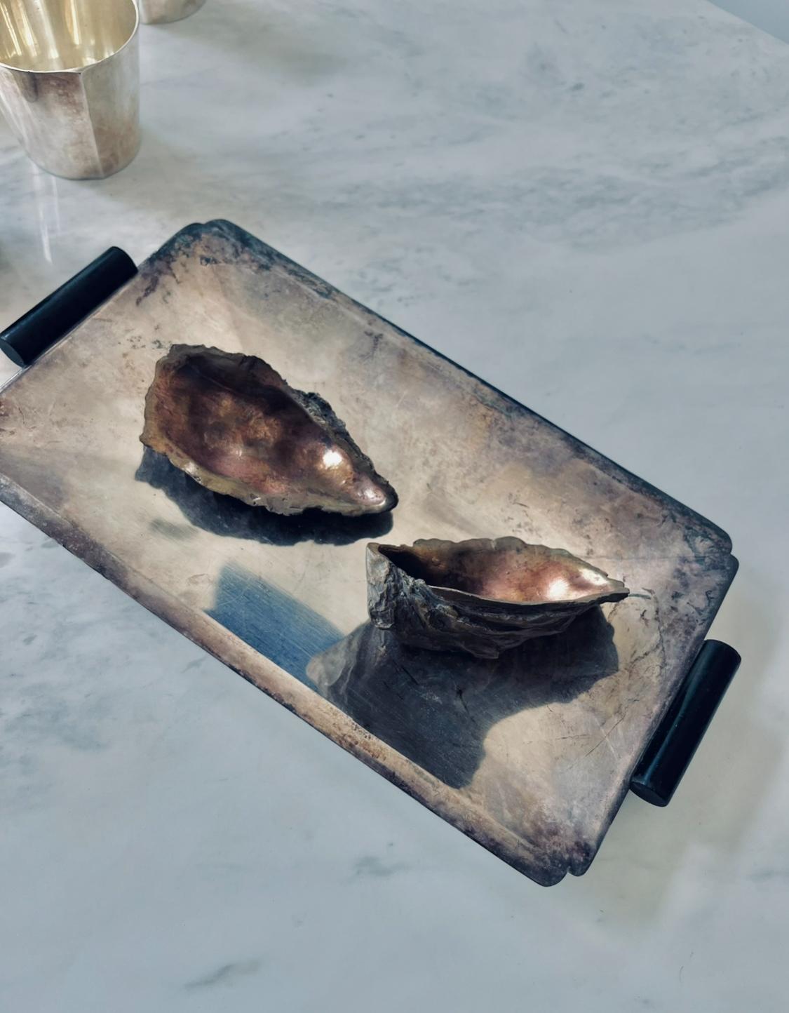 Una coppia di sculture di conchiglie di ostriche a grandezza naturale realizzate a mano con tecniche storiche uniche in una delle ultime fonderie di bronzo di Praga. All'esterno è strutturato e all'interno è lavorato a mano fino a raggiungere la