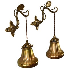 Bronze Pair of Art Nouveau Lily Pad Detail Wall Sconces Gold Aurene Art Glass