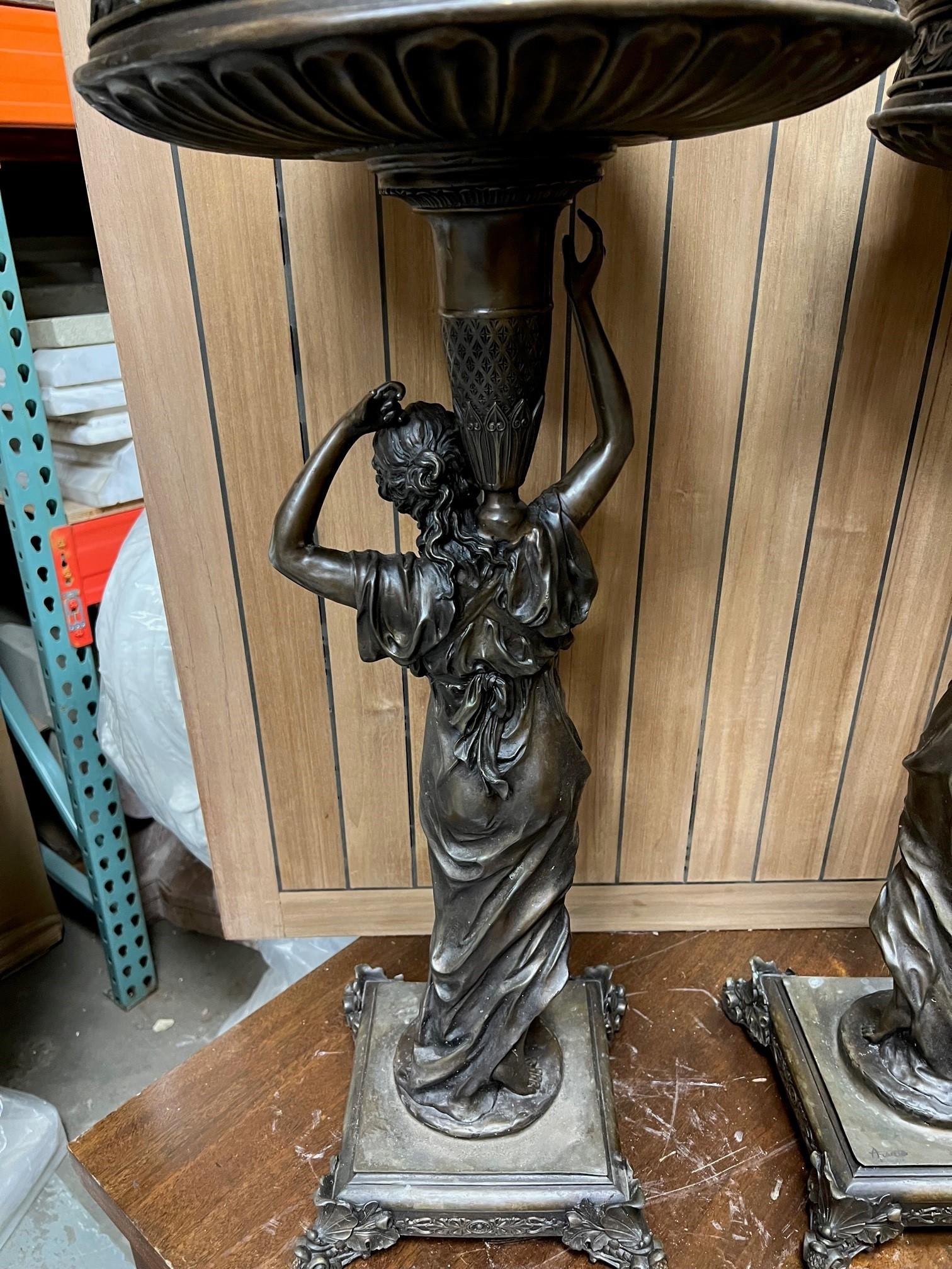 Bronze Pair of Classical Style Pedestal Figural Urns  For Sale 8