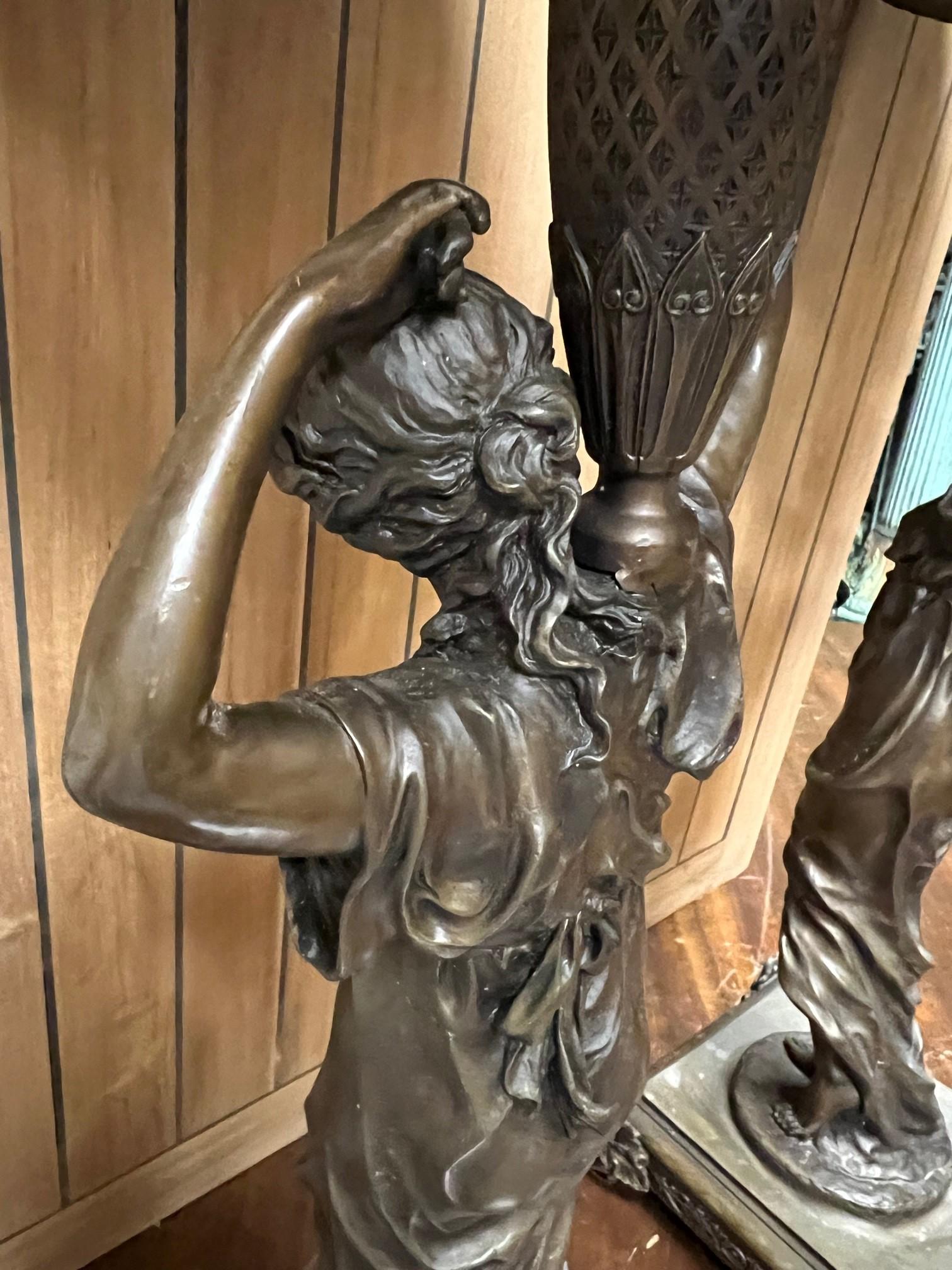 Bronze Pair of Classical Style Pedestal Figural Urns  For Sale 10