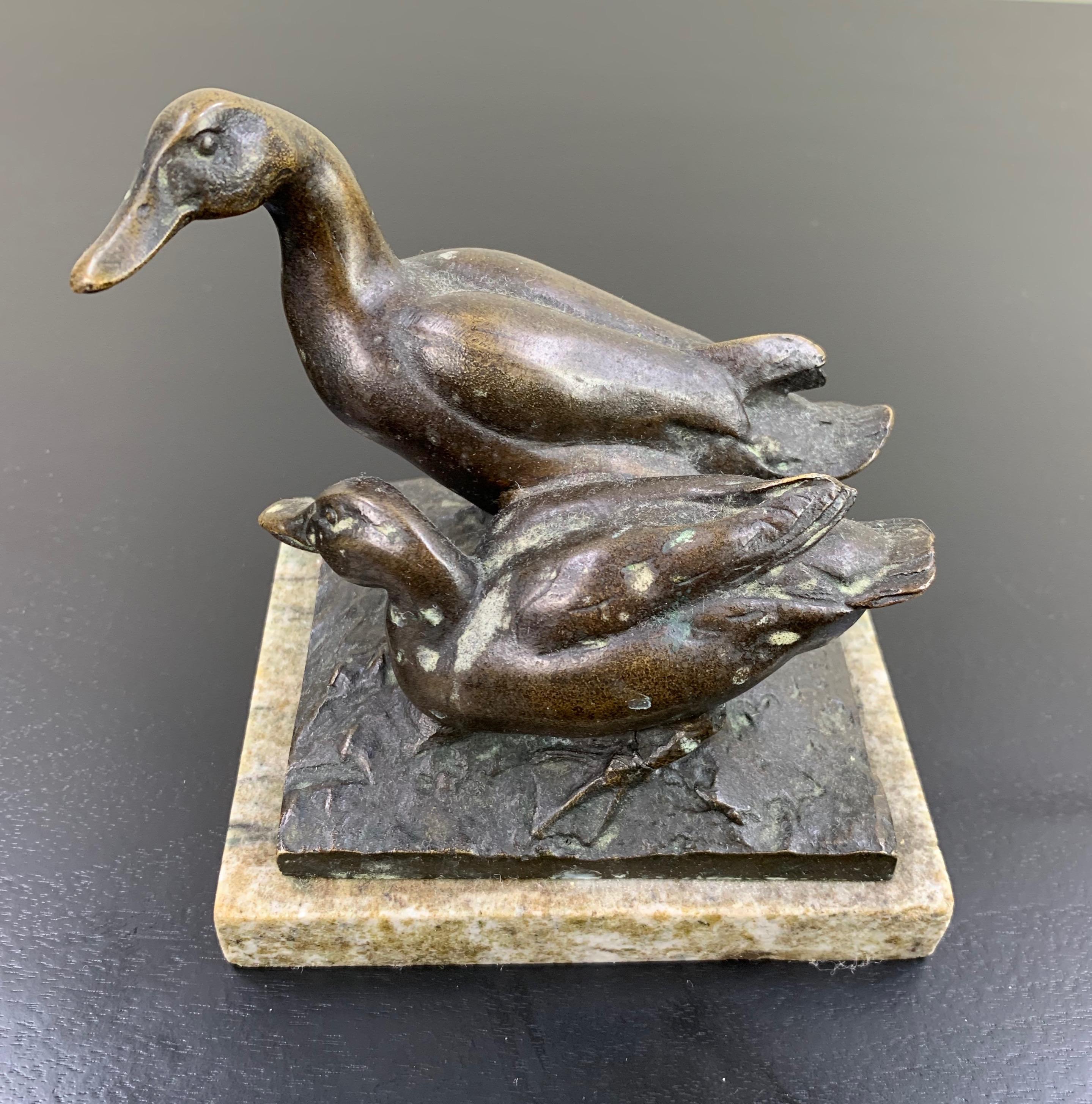Whimsical grouping of a mother duck and a duckling in a mellow brown patina and a marble plinth. Signed Ludwig Vordermeyer.

In 1888-1890, Vordermayer attended the educational institute of the Museum of Applied Arts in Berlin. 1890-1891 he was a