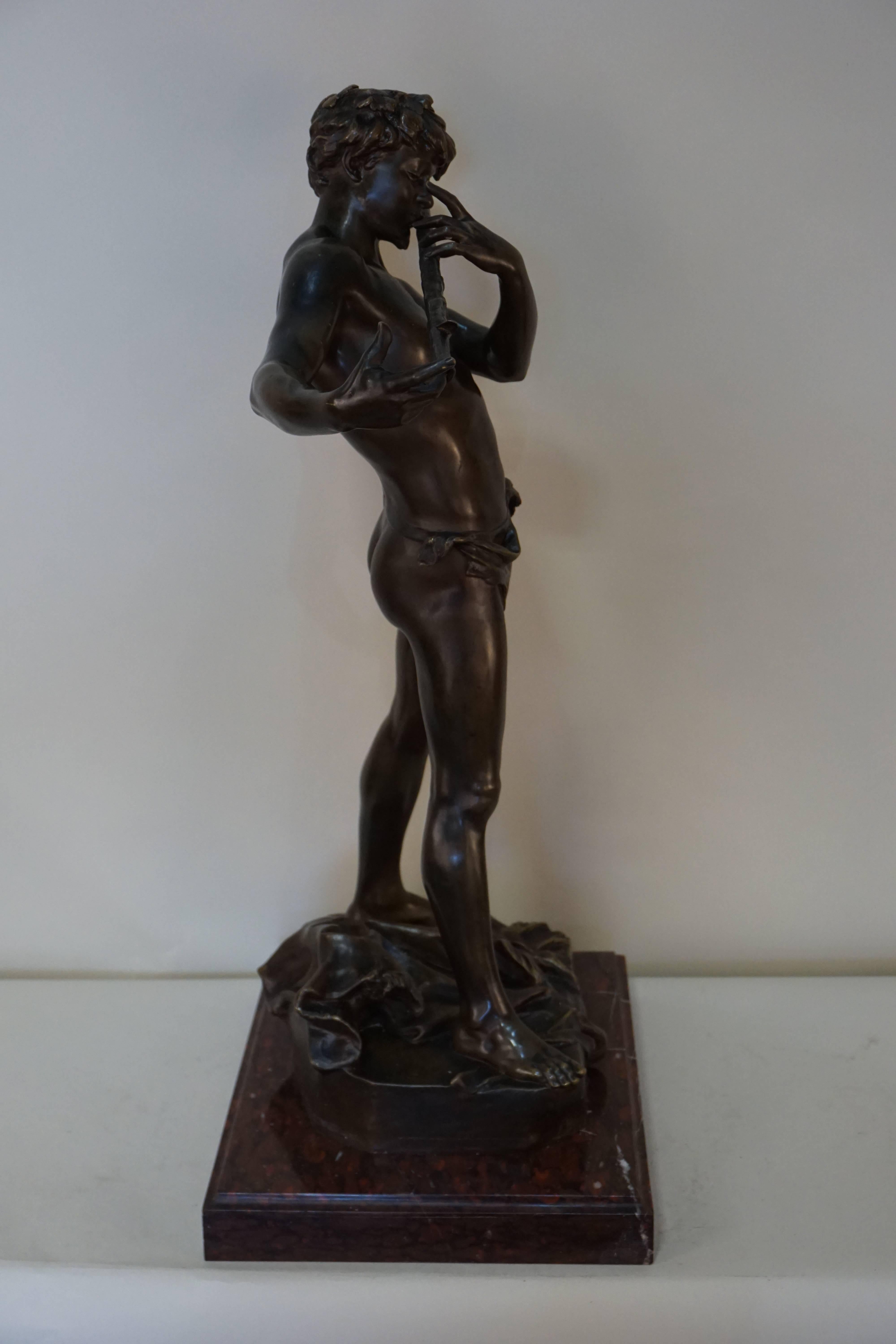 Bronze Pan Playing Flute by Felix Maurice Charpentier In Good Condition In Fairfax, VA