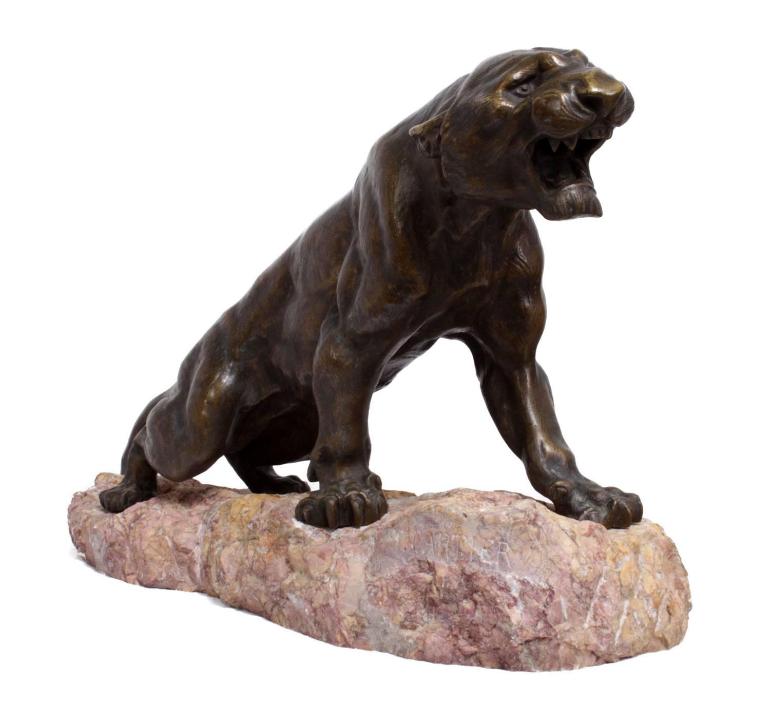 Panthère en bronze par Thomas Cartier sur un rocher de marbre, vers 1920 1
